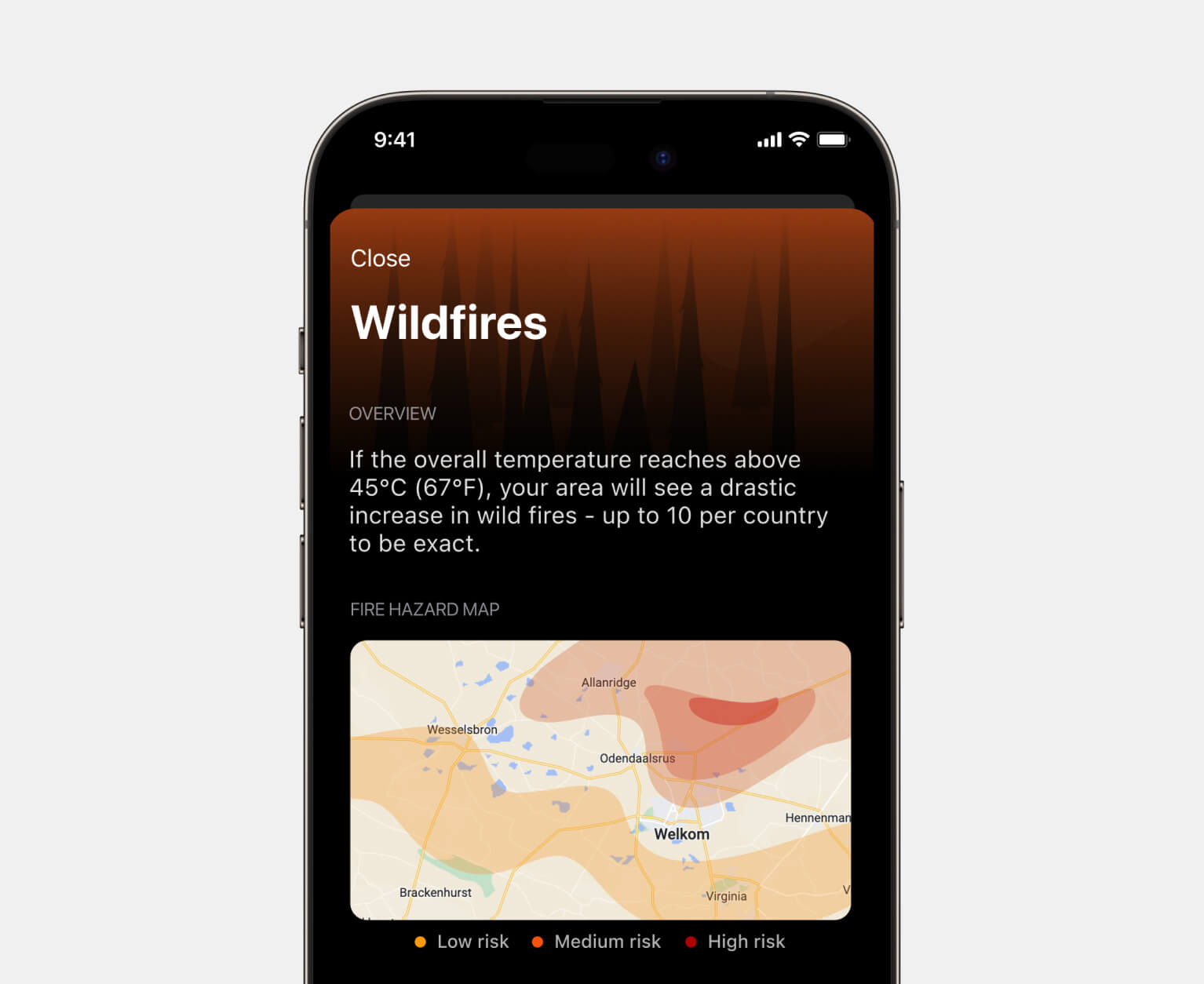 A detail view screen of the environmental impact of increased temperatures.
