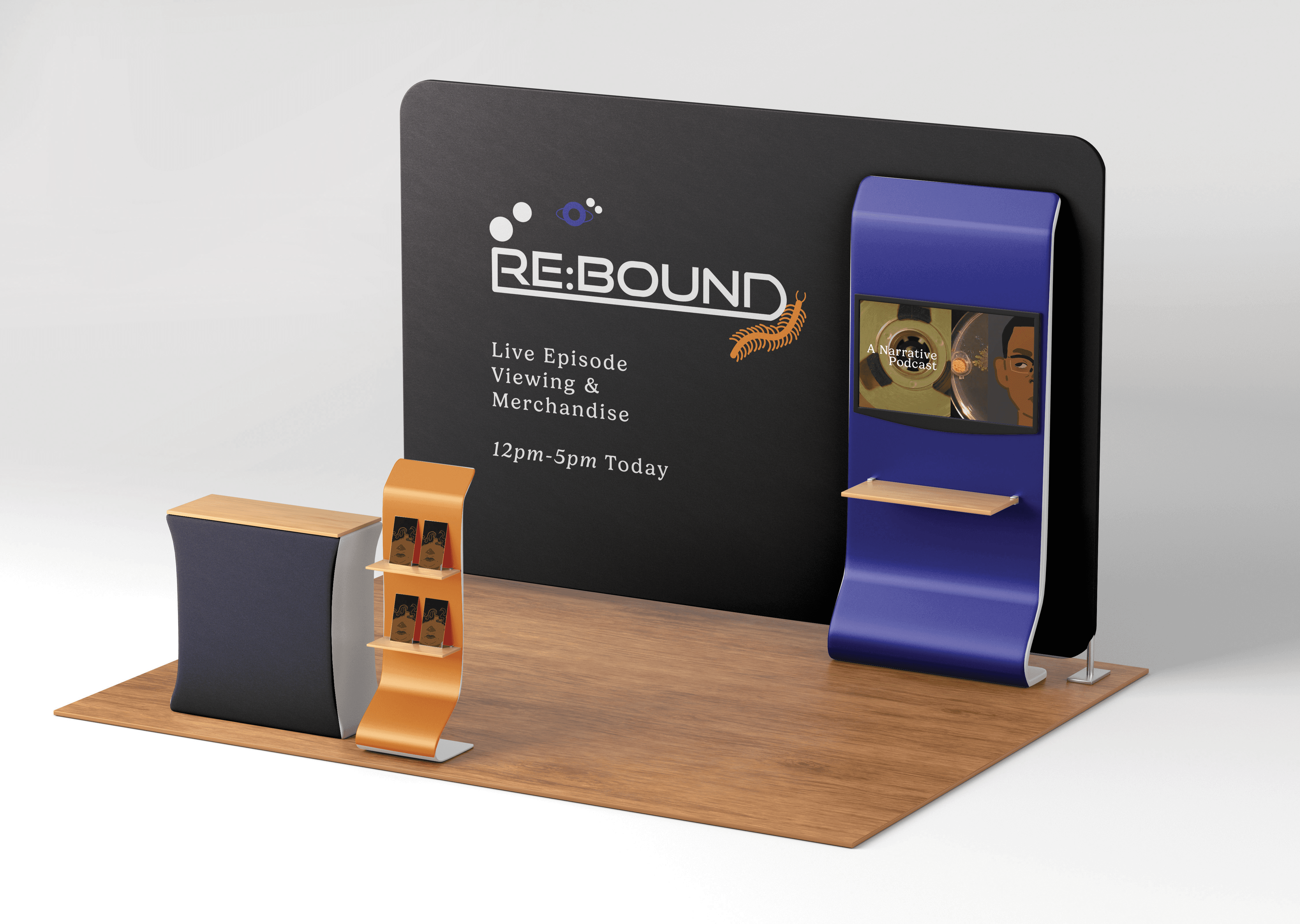 Mockup of an experiential pop up booth with a tv screen, backdrop and product stand