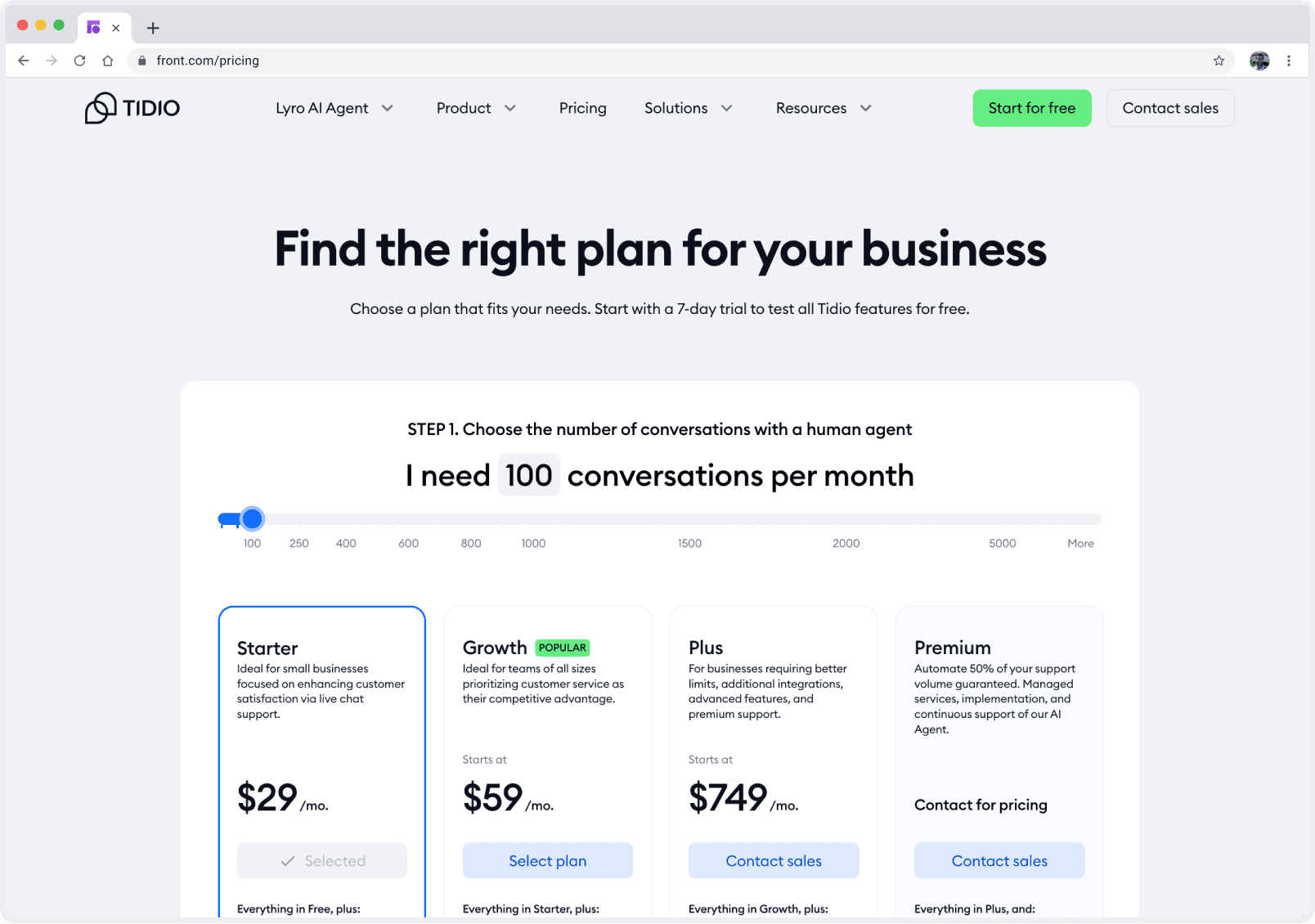Tidio pricing page displaying flexible plans for businesses