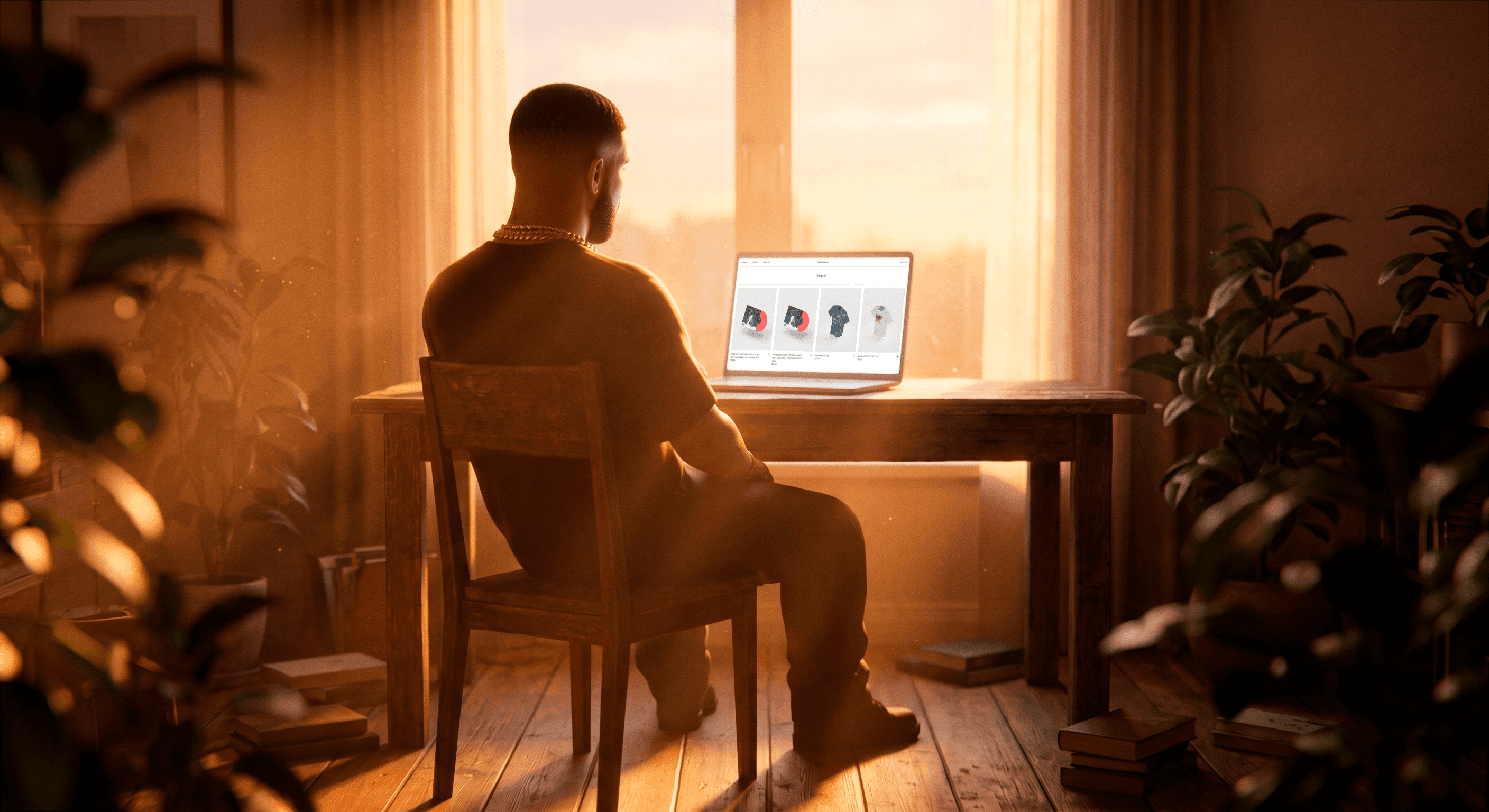 Drake sits at a desk viewing Drake Related products on a laptop near a sunlit window.