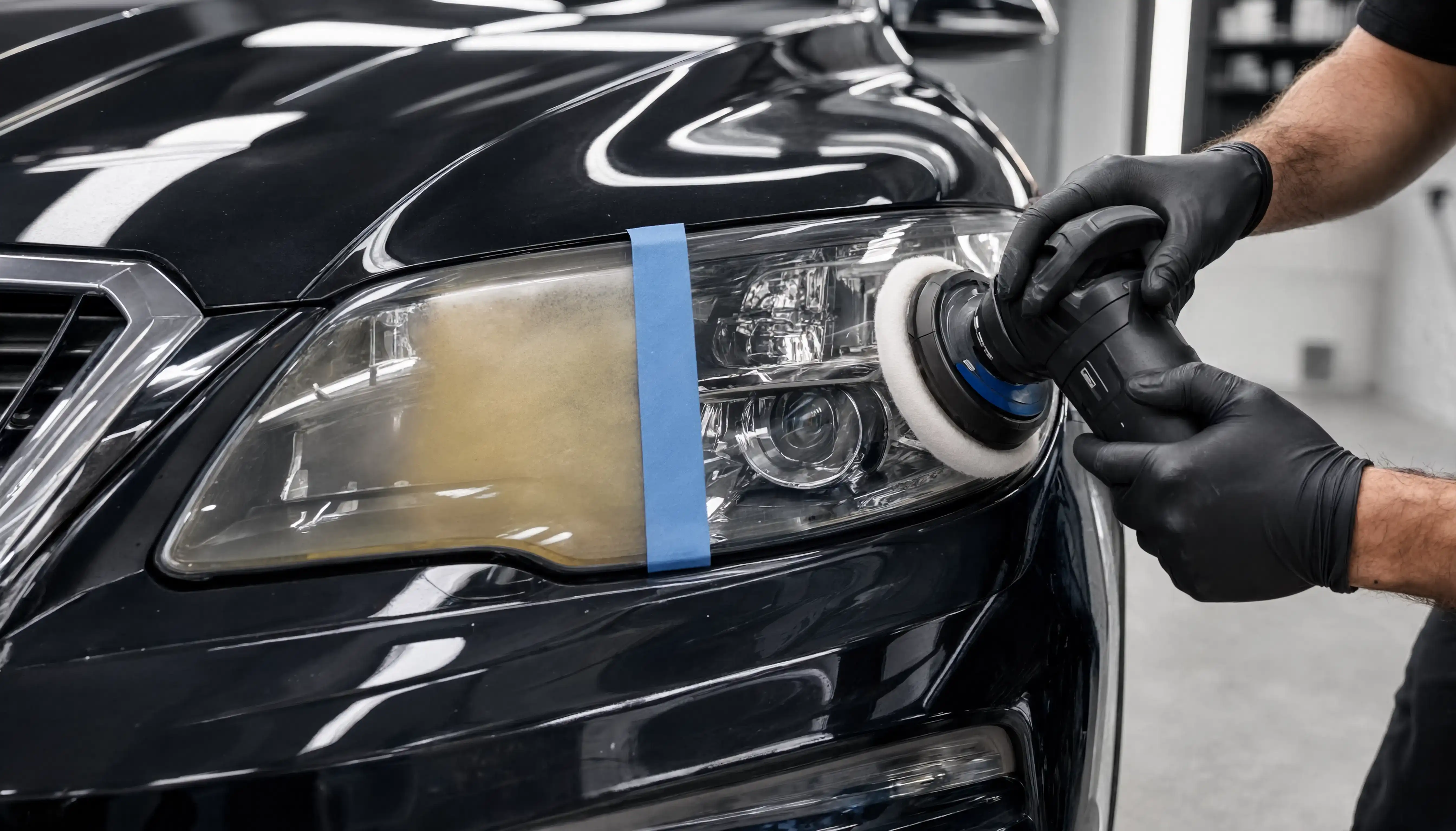 Before after of a polishing headlight car