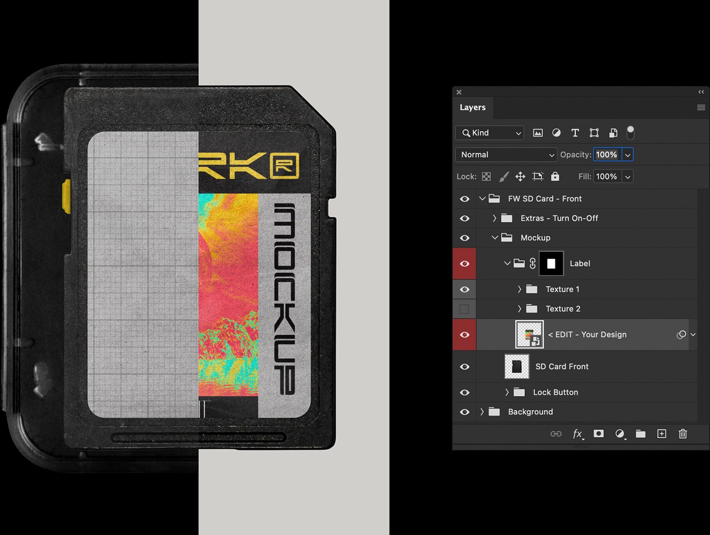 Photoshop workspace showing the SD Card Mockup organized layers for quick and easy design editing