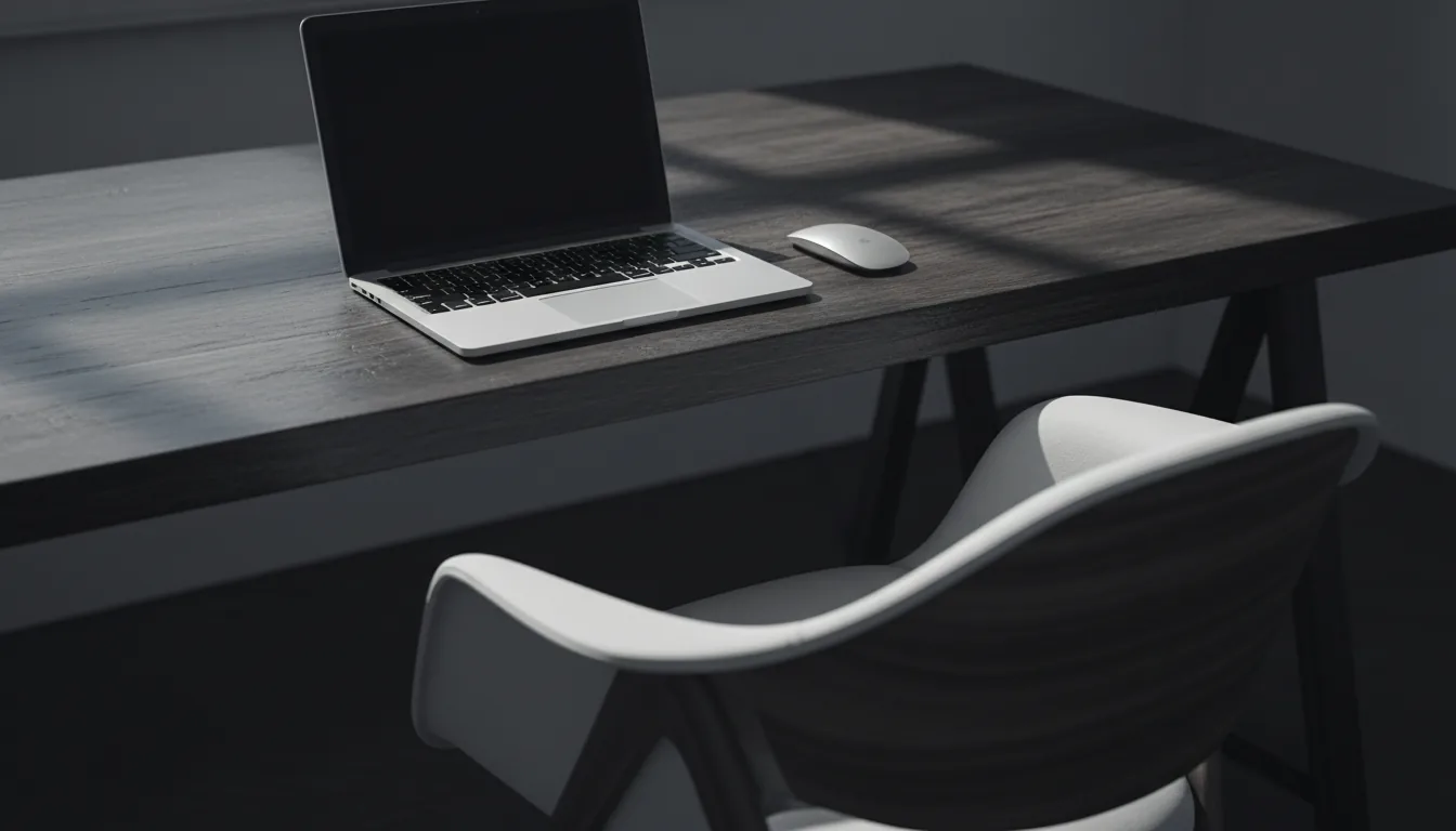 DSLR photograph, high-angle shot of a minimalist workspace. A sleek, silver aluminum laptop is partially open on a dark-stained, textured wood desk next to a white wireless mouse. In the foreground, the curved back of a modern white and black chair with wooden legs. The lighting is moody with cinematic contrast and soft directional shadows. Sharp focus on the laptop, with a subtle depth of field. Desaturated, professional color palette.