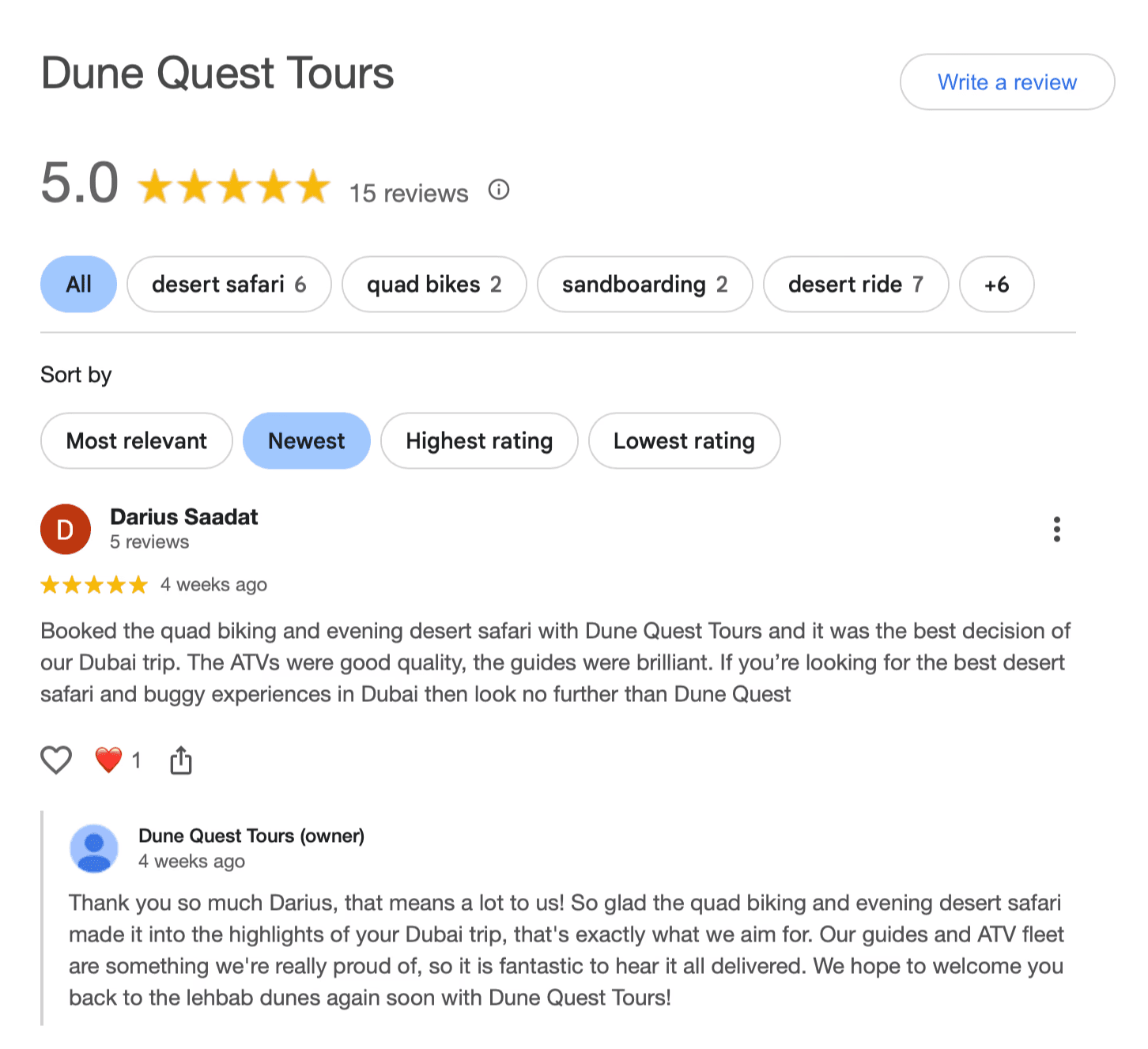 Darius Saadat 5-star Google review — best desert safari Dubai, brilliant guides, best quad biking experience at Lehbab Dunes with Dune Quest Tours