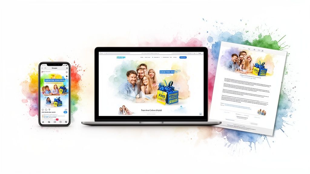 A multi-channel marketing campaign showcasing a 'free gift with purchase' offer on a phone, laptop, and printout.