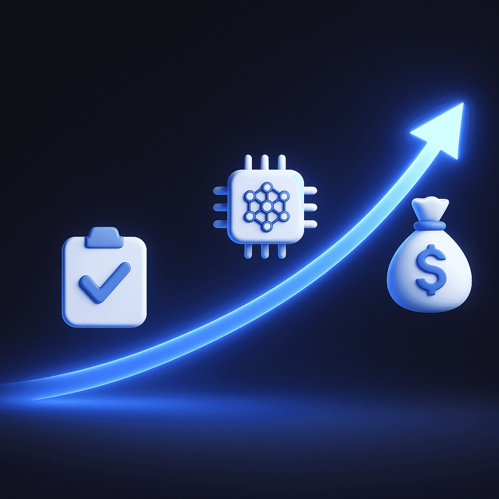 Ascending timeline with benchmark, AI chip, and investment icons illustrates accelerating AI citation trends
