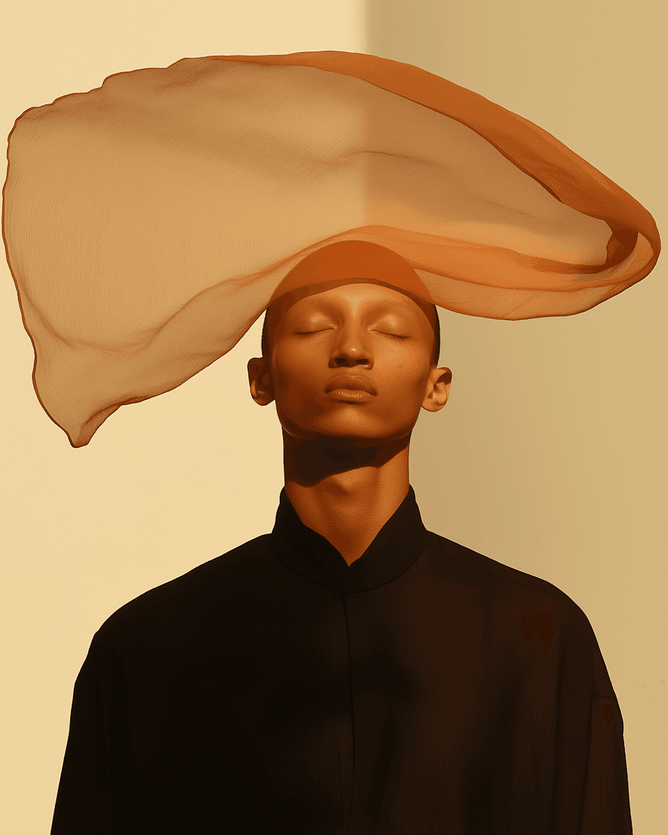 Man in black dress, eyes closed