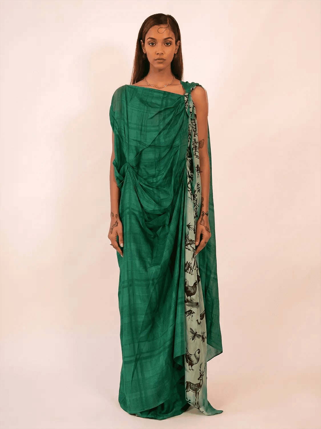 EMERALD DRAPE DRESS is our one-of-a-kind draped dress, handcrafted in-house from pure silk.