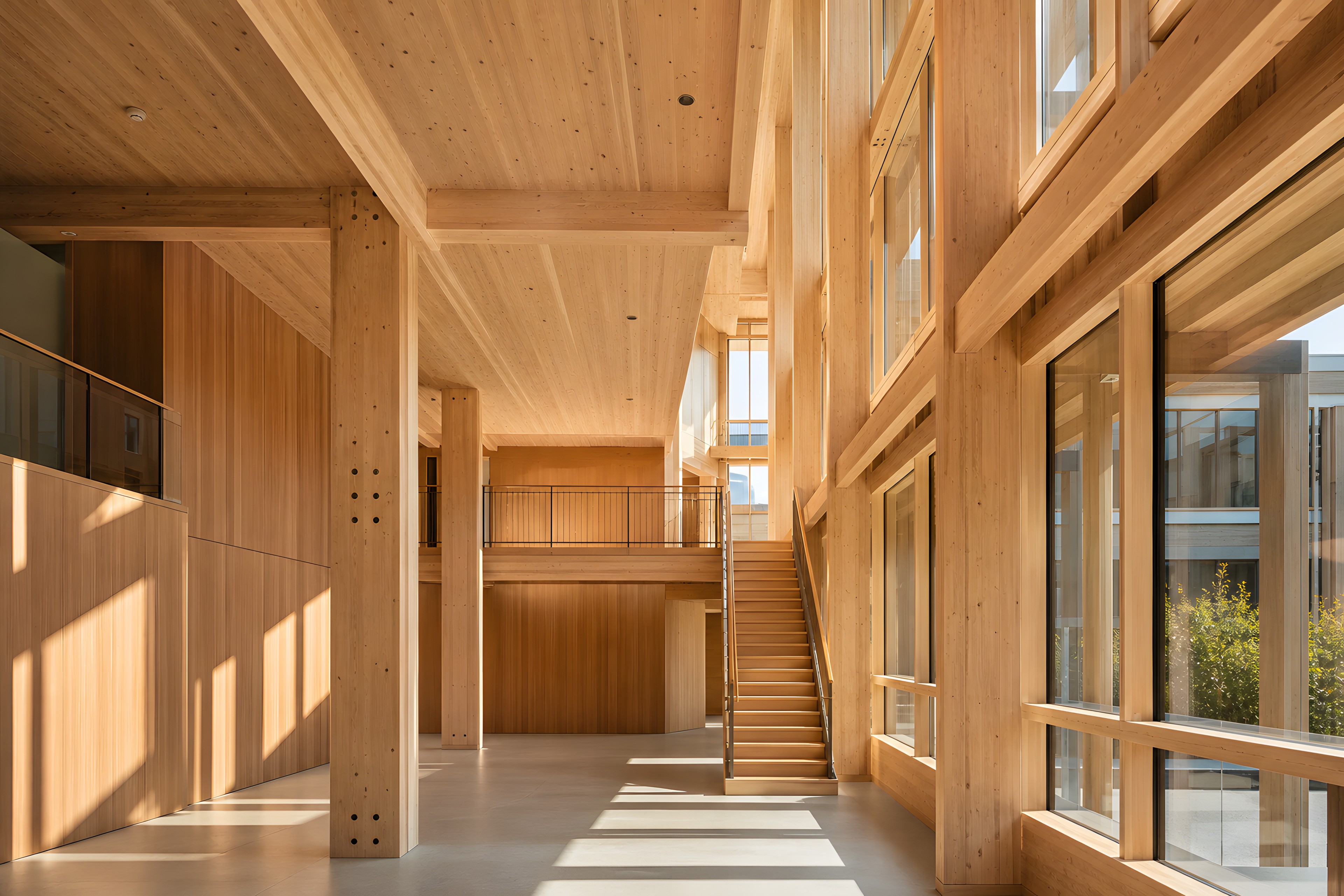 Mass timber interior with exposed wood plank ceiling deck and glulam columns