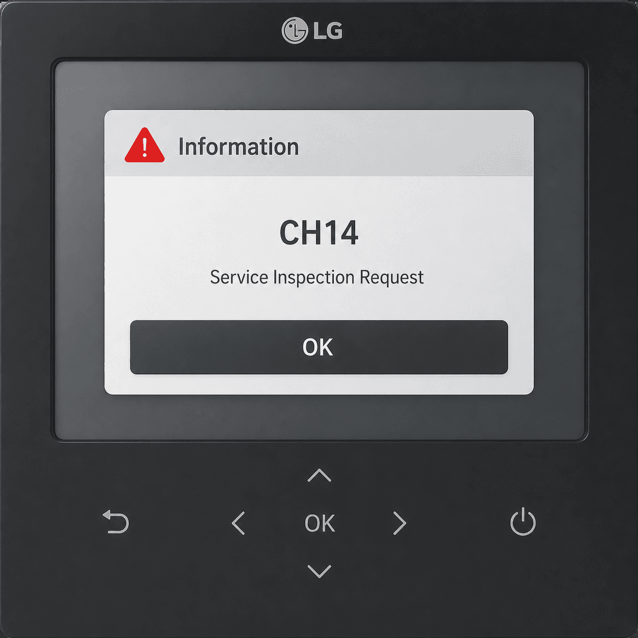 LG heat pump controller display showing CH14 fault code — a flow protection error caused by insufficient water circulation through the heating circuit
