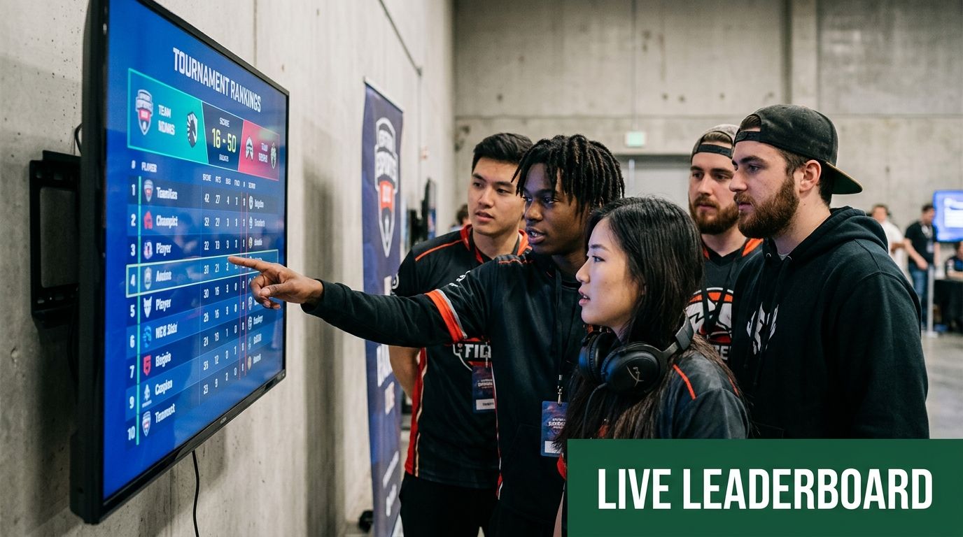A group of young gamers looking at a live tournament leaderboard on a large television monitor.