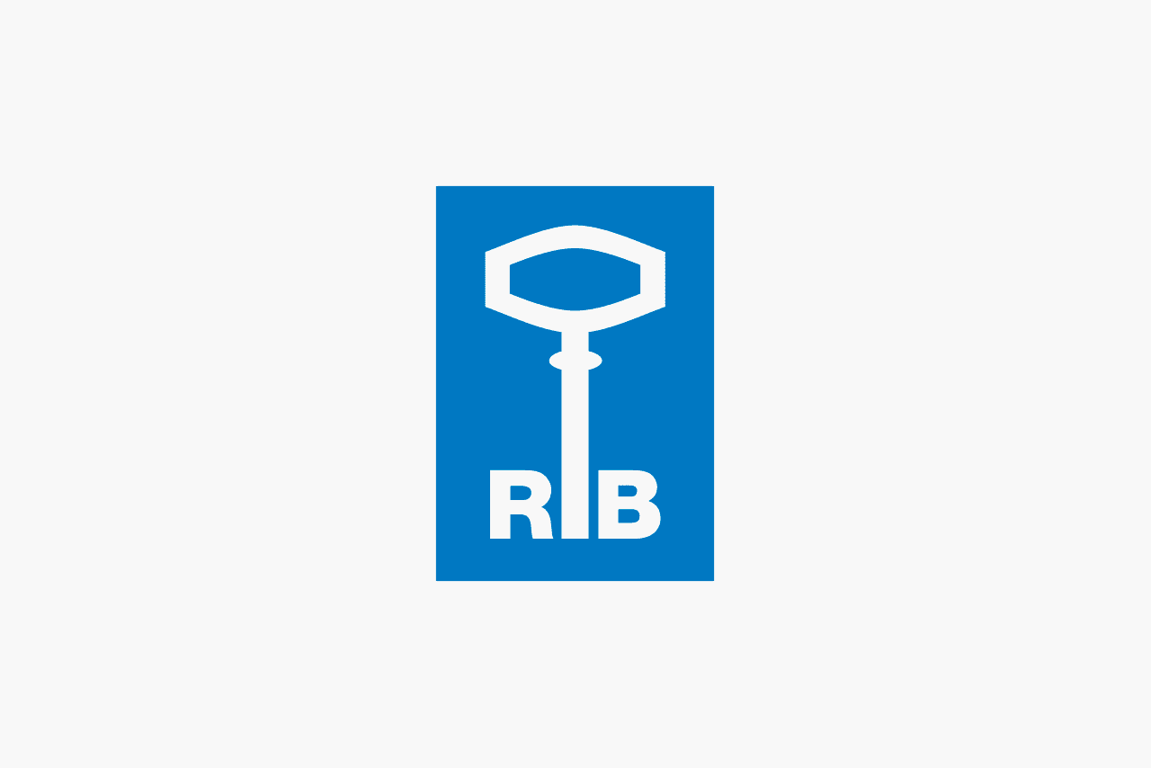 Riječka banka Logo. Blue container with white letters R and B and a large key