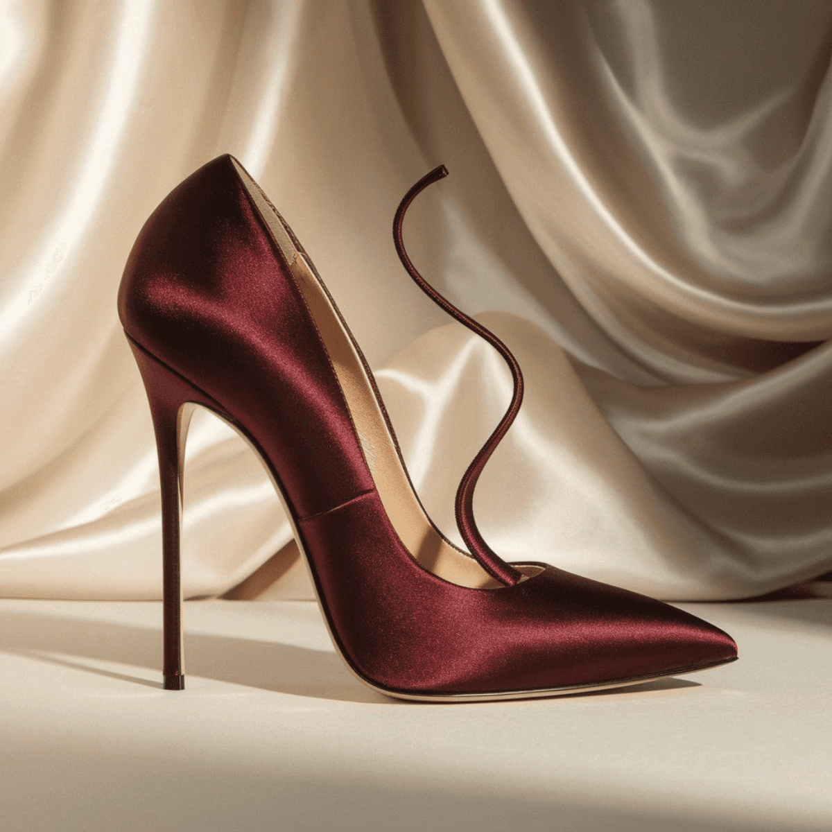 Red satin Corbell stiletto pump with pointed toe and sculptural ankle strap against silky backdrop.