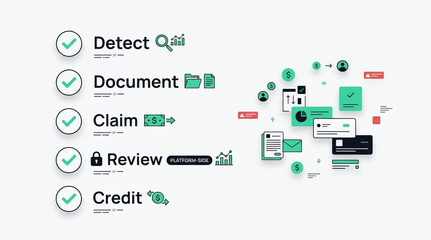 Checklist graphic of the five recovery steps with checkmarks: Detect, Document, Claim, Review, Credit, with Review marked platform-side by a charcoal lock, fraud0 palette