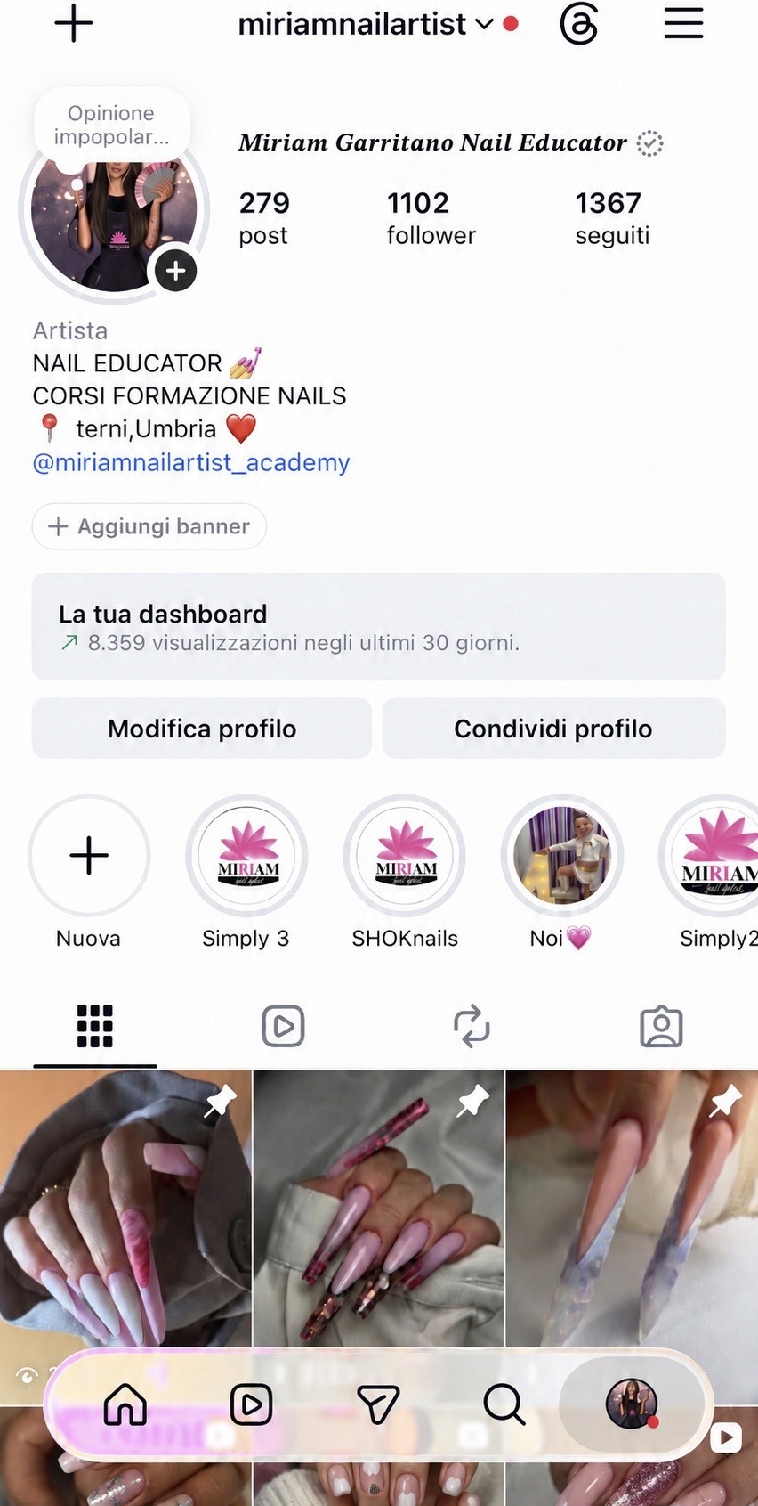 Profilo Instagram Miriam Nail Artist prima: 1.102 follower e 8.359 visualizzazioni nella dashboard dei 30 giorni.