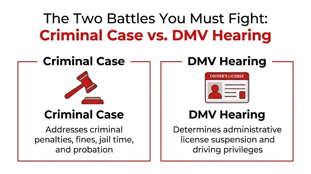 A comparison chart showing the difference between a criminal case and a DMV license suspension hearing.