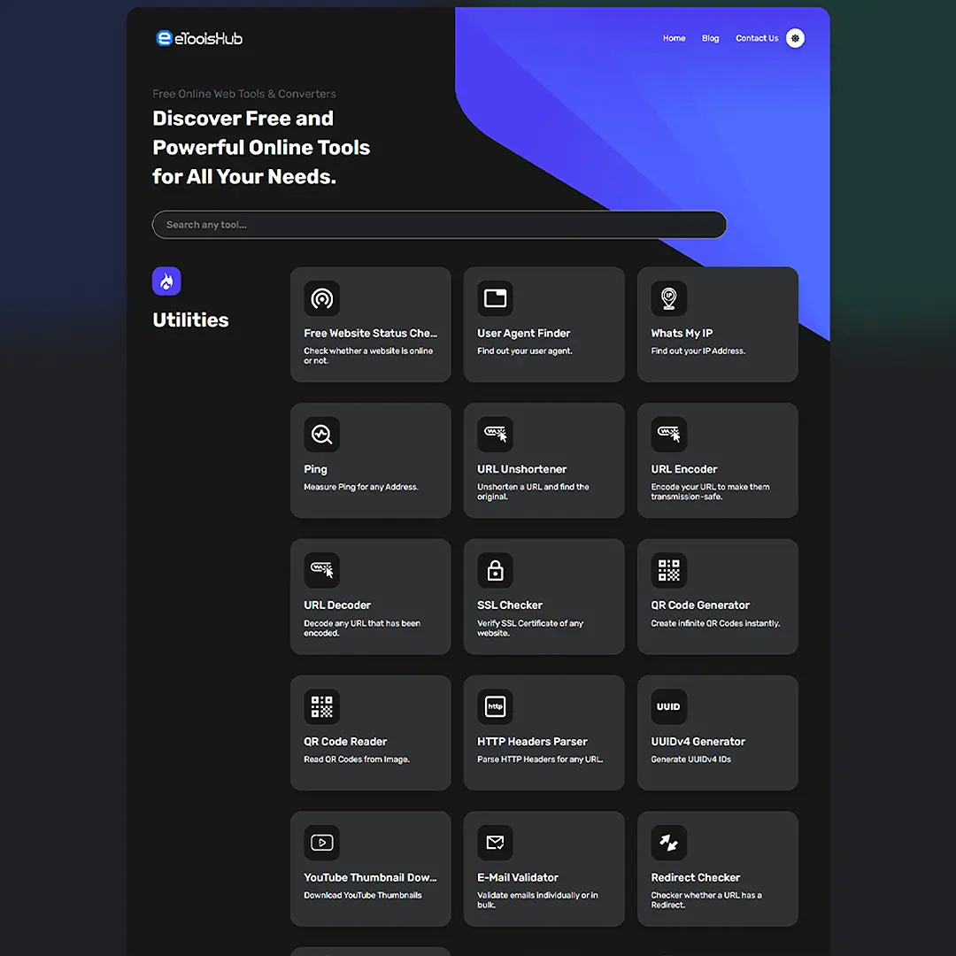 A close-up of the eToolshub tools section, showcasing a grid of utilities like converters and calculators, styled with minimalistic cards and hover effects.
