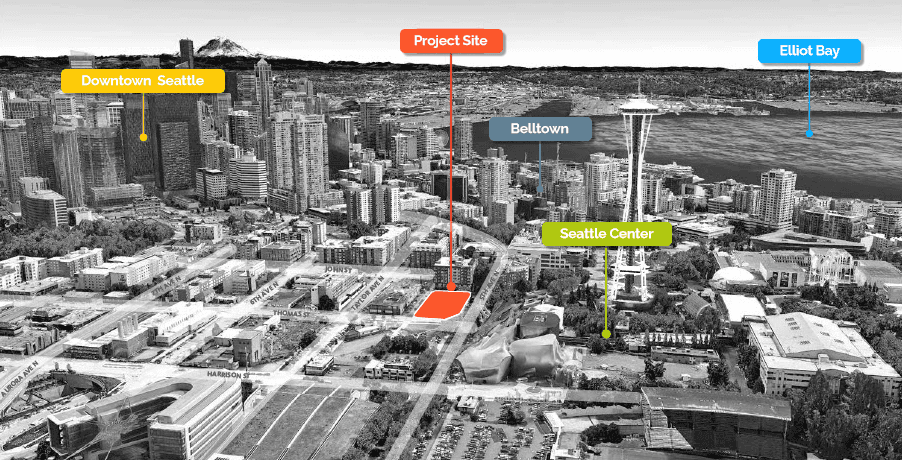 A black-and-white aerial view highlighting the broader project context, showcasing notable landmarks and underscoring the cultural significance of the Seattle Center.