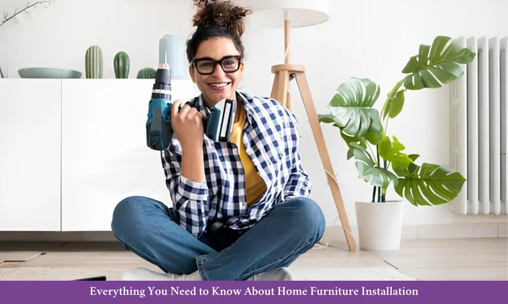 Woman with power drill sitting in a living room, preparing for DIY home furniture installation.