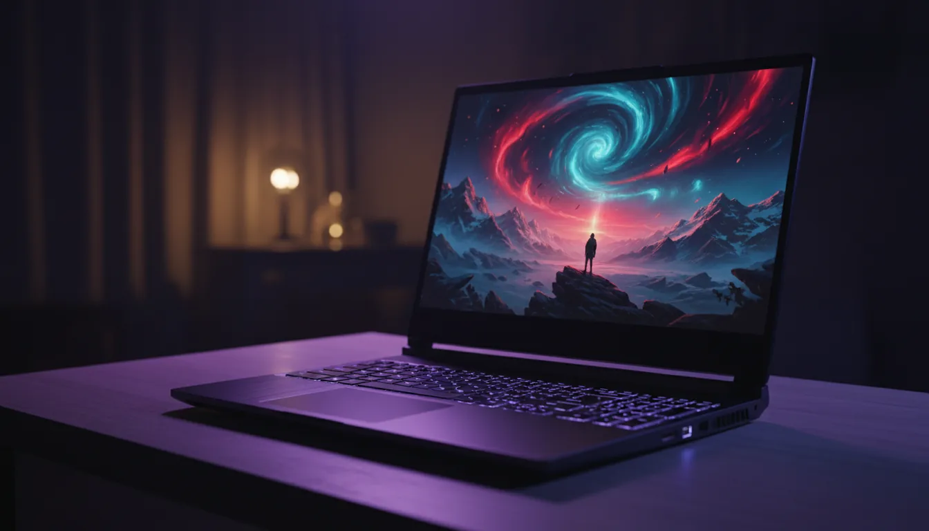 DSLR photography of a high-performance, dark metal laptop sitting open on a light wood grain desk, captured from a low three-quarters angle. The scene is filled with moody, cinematic contrast, featuring vibrant purple and blue ambient light casting onto the desk and the laptop's chassis. The laptop's screen is brightly illuminated, displaying an epic digital art wallpaper of a person overlooking a dramatic, snowy mountain range under a swirling red and blue sky. The background is a softly blurred room, creating a shallow depth of field with a pronounced bokeh effect, focusing sharply on the laptop.