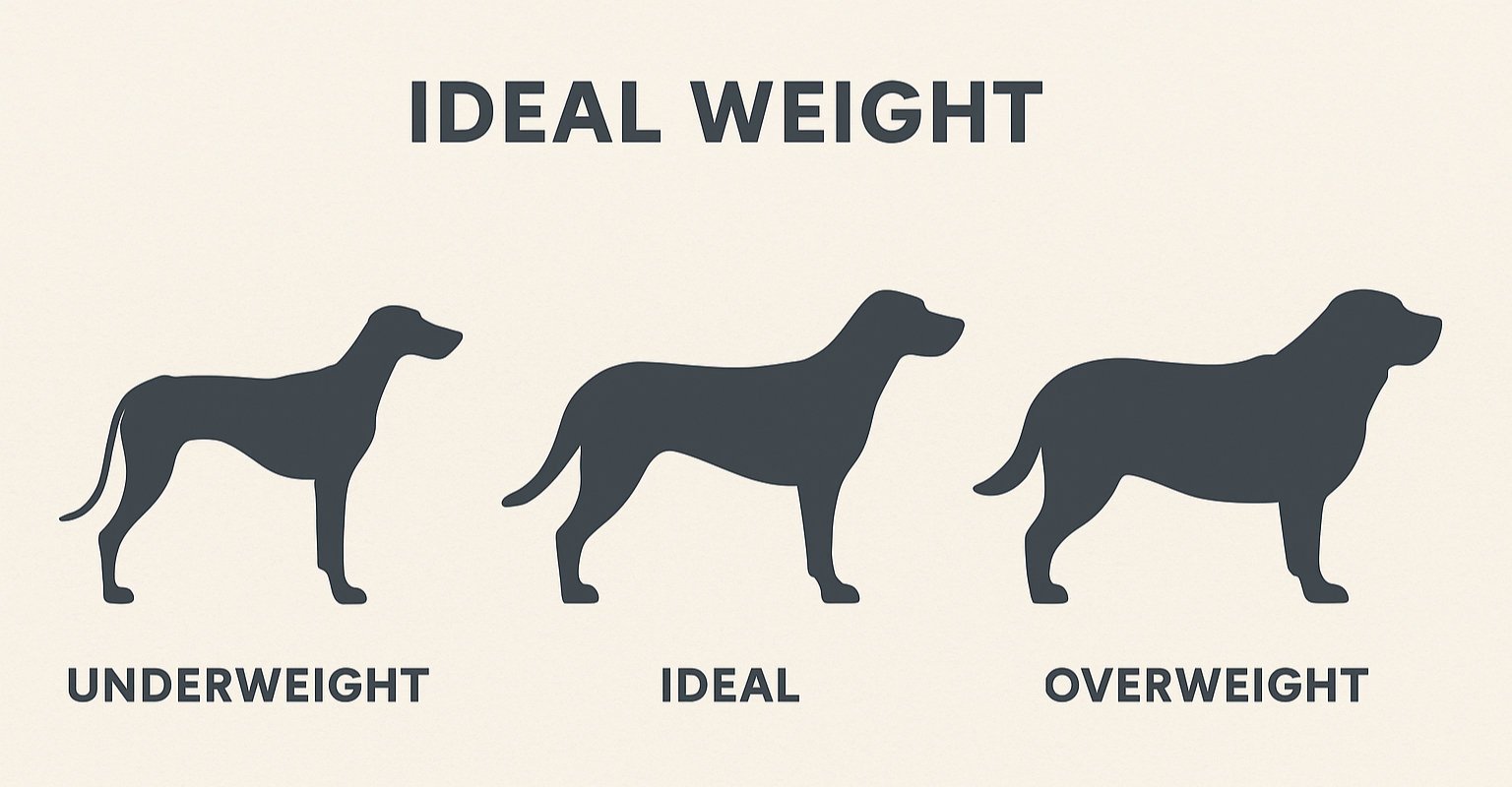 Graph showing underweight dog, ideal dog weight and overweight in dog.