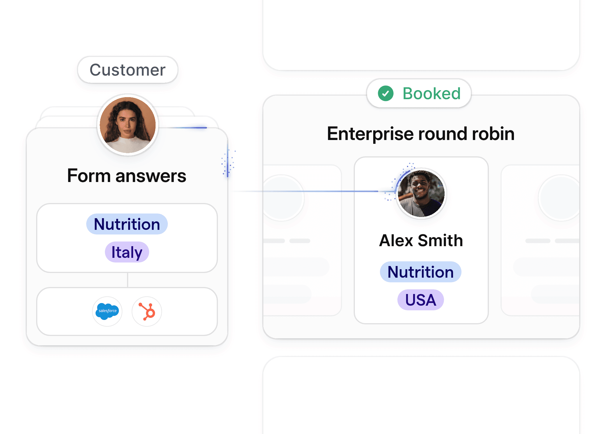 A booking interface for nutrition professionals, showing client form answers and the matched nutritionist based on specialty and location.