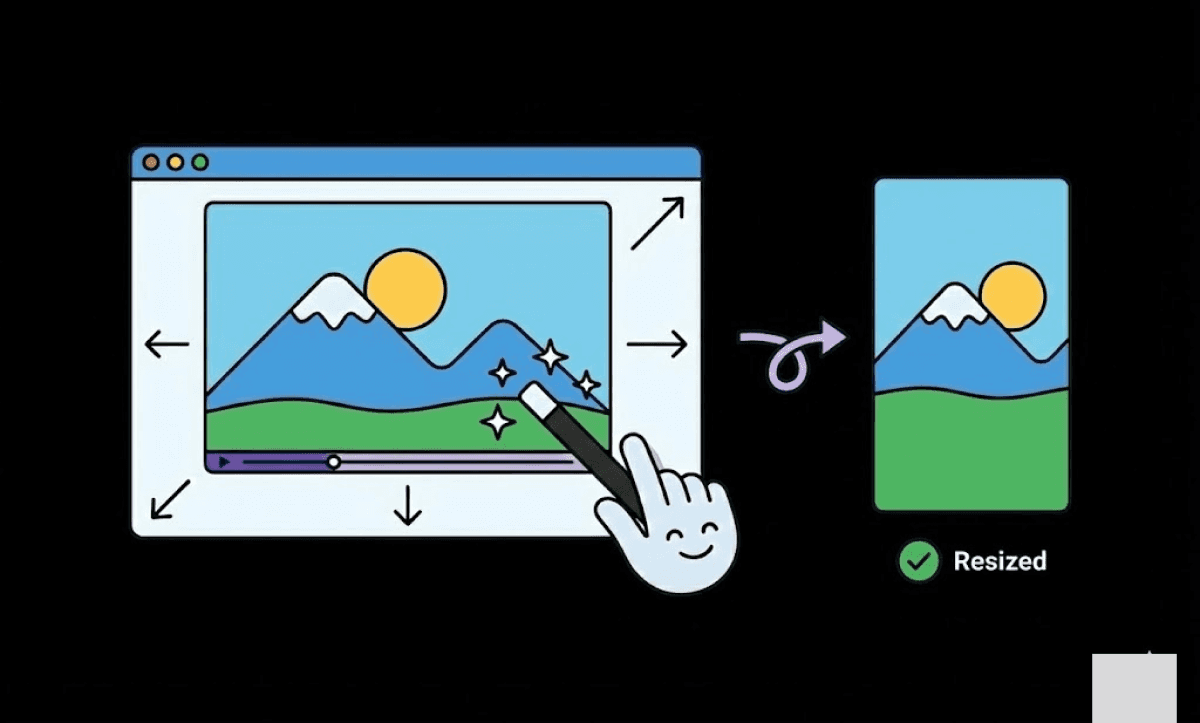 Illustration showing a widescreen video being resized into a vertical format with arrows and a checkmark, representing resizing videos for different aspect ratios in Premiere Pro.