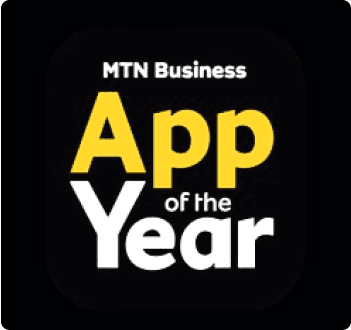 Logo for MTN Business App of the Year, featuring bold yellow and white text on a black background.