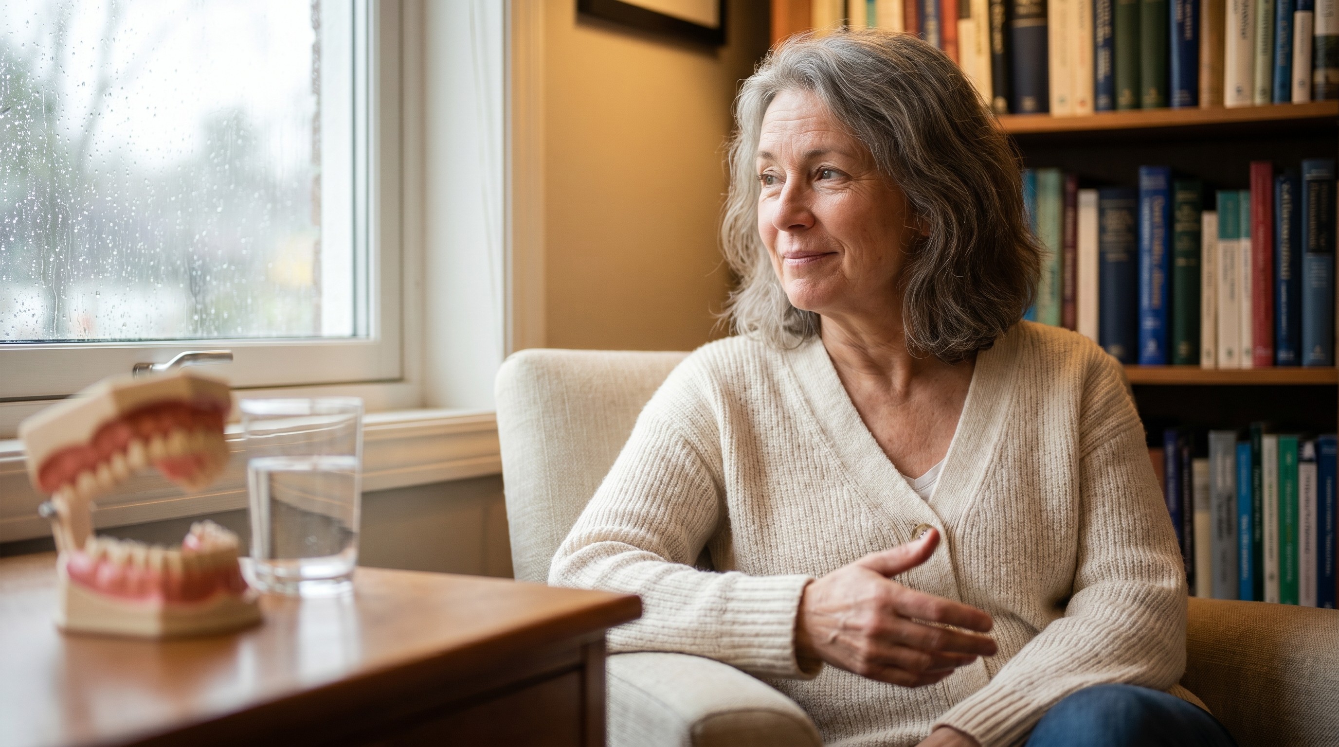 Older woman sitting in a softly lit dental consultation room near a window