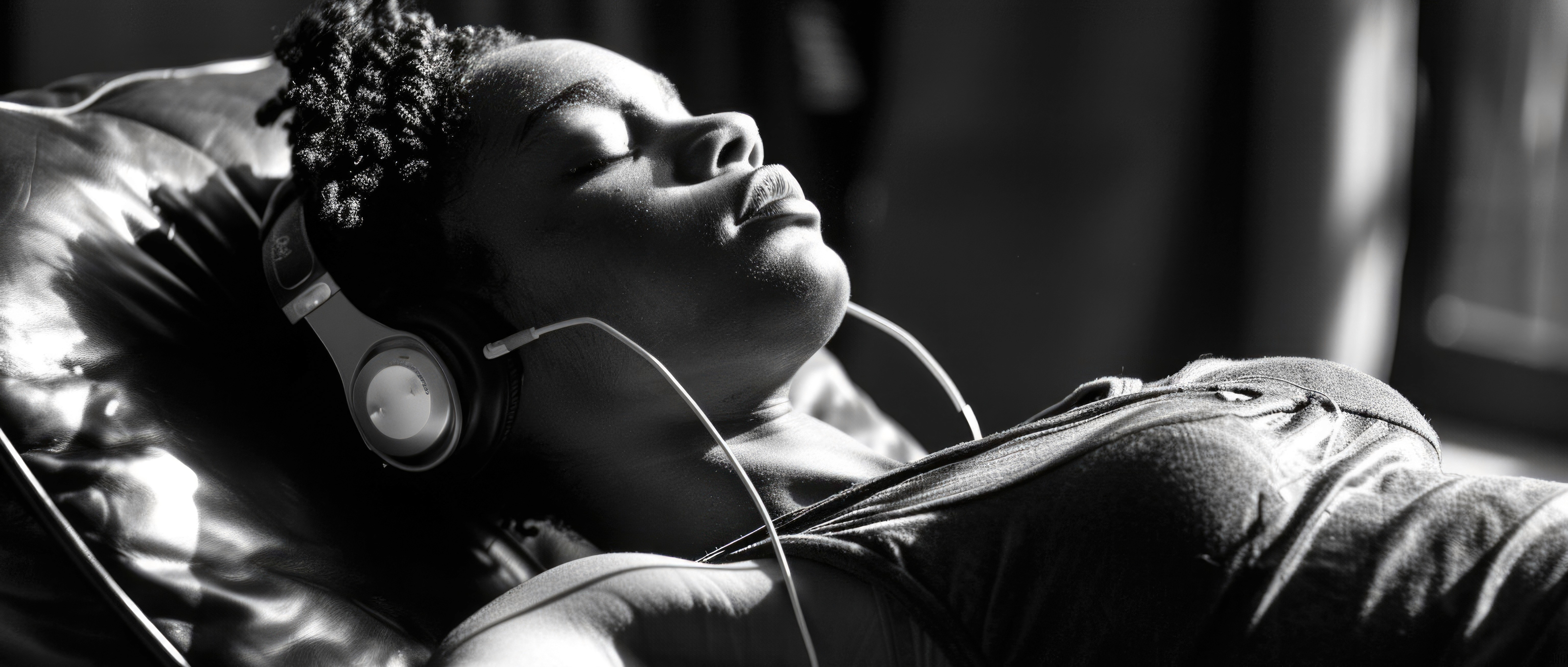Black and white portrait of a person with headphones, eyes closed.