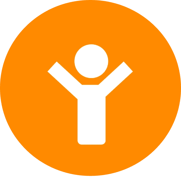 an orange circular icon with a white stick figure raising its arms, representing a symbol of joy and accessibility.