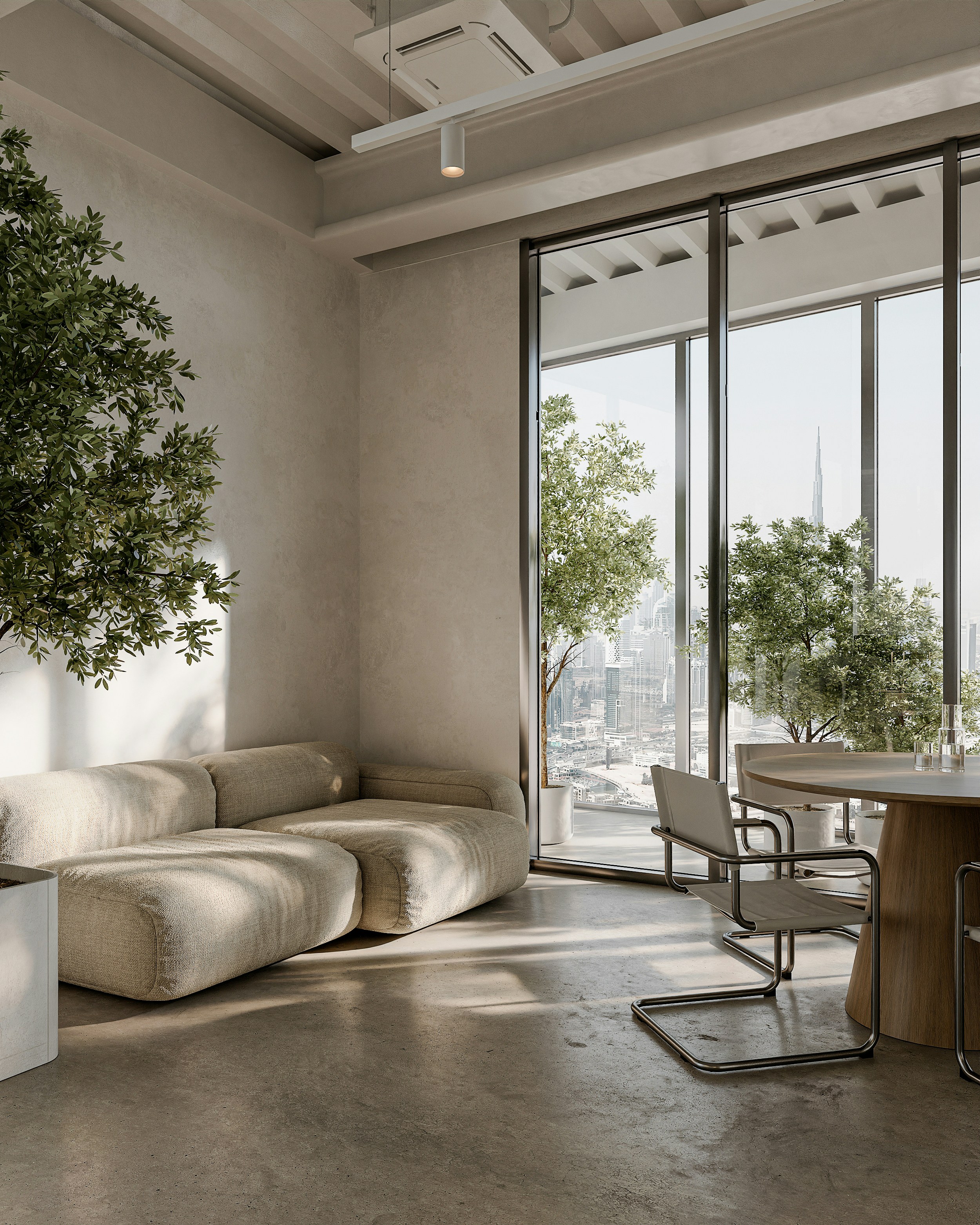 Stylish minimalist interior with plants, sofa, and city view.