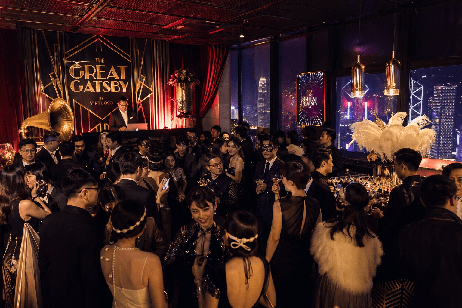 香港蓋茨比主題私人派對策劃，落地玻璃維港夜景VIP聚會佈置與精緻復古氛圍。