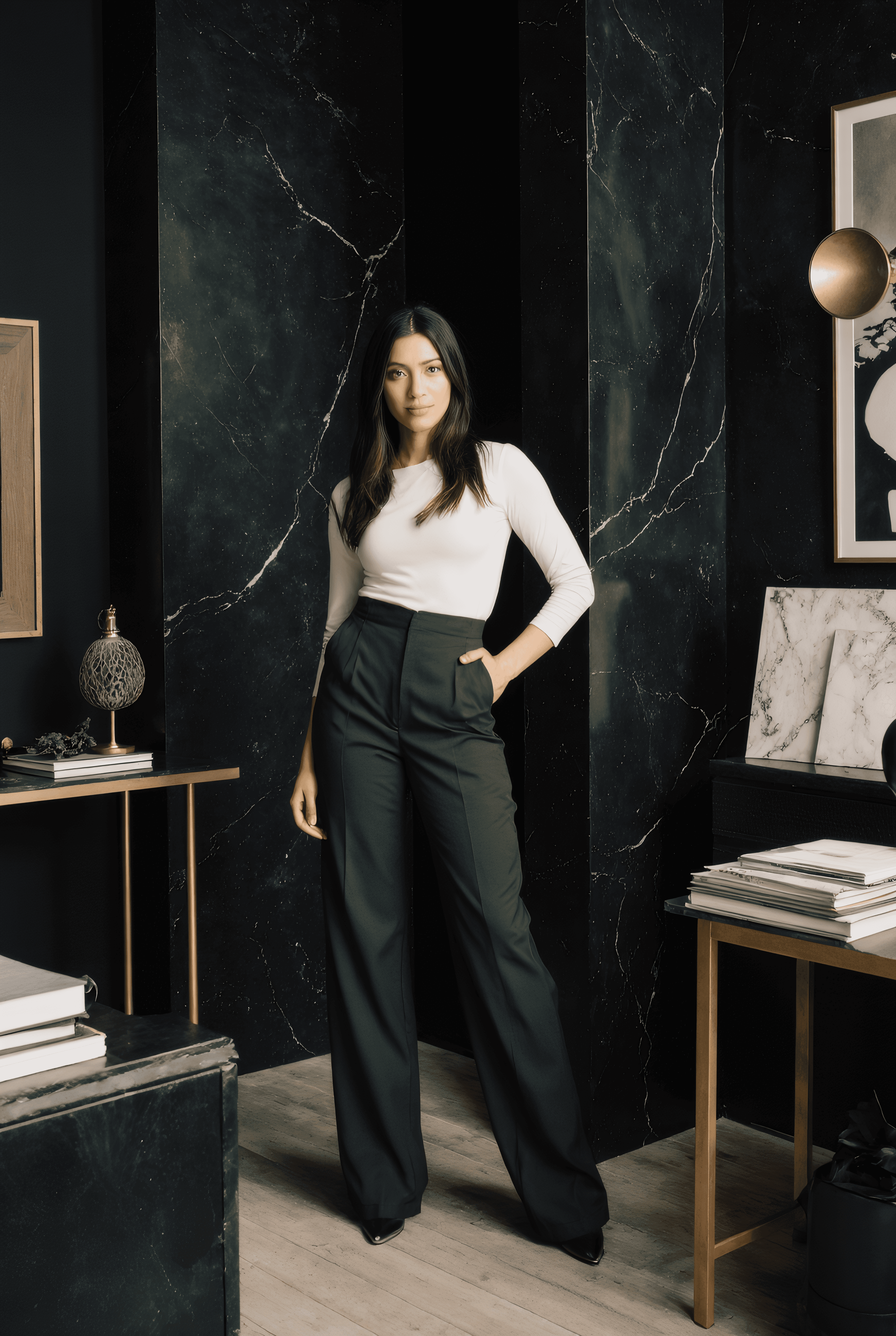 Portrait of an interior designer standing in a dark marble-clad studio surrounded by books, artwork, and material samples.