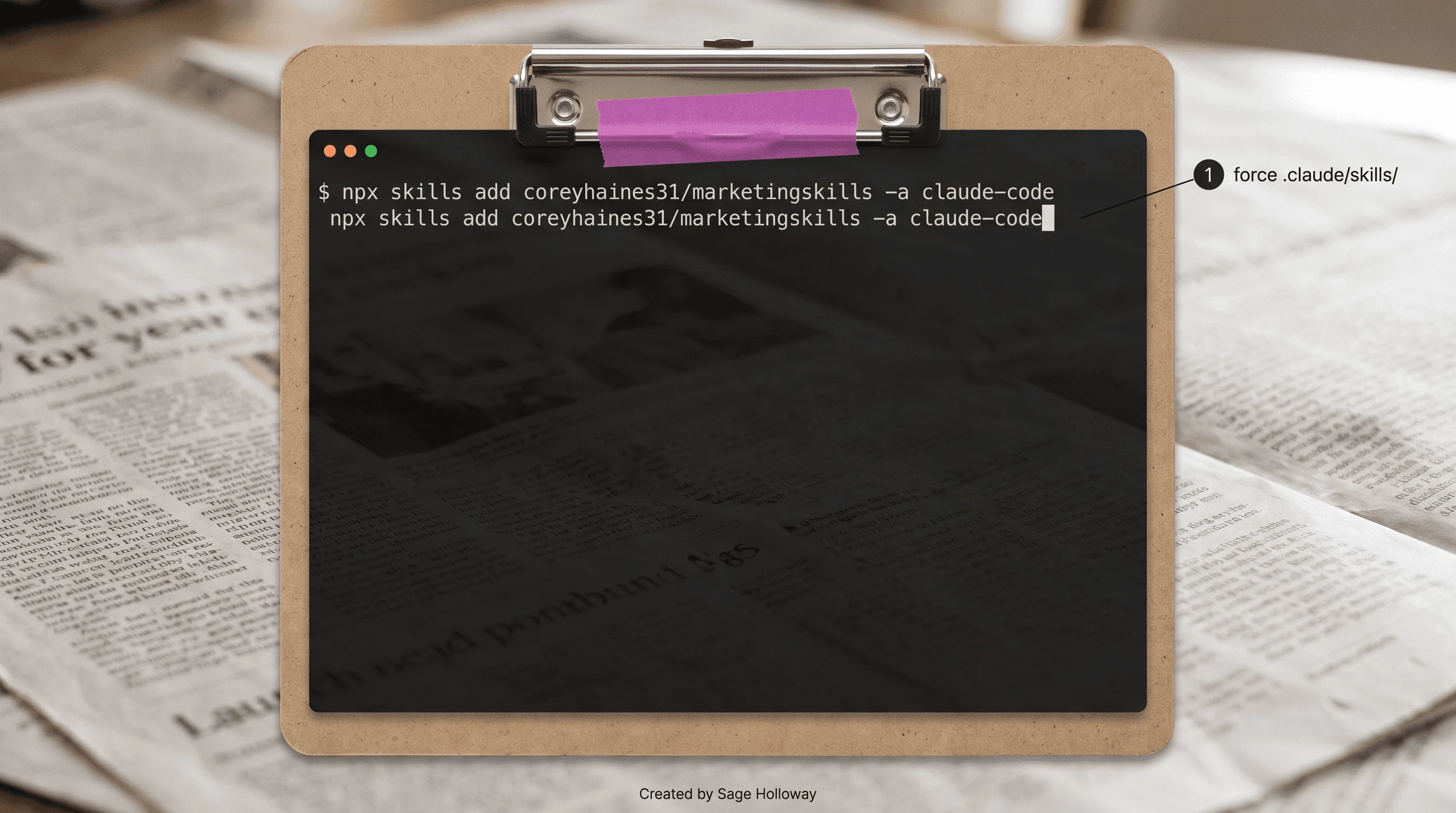 Terminal showing npx skills add coreyhaines31/marketingskills -a claude-code