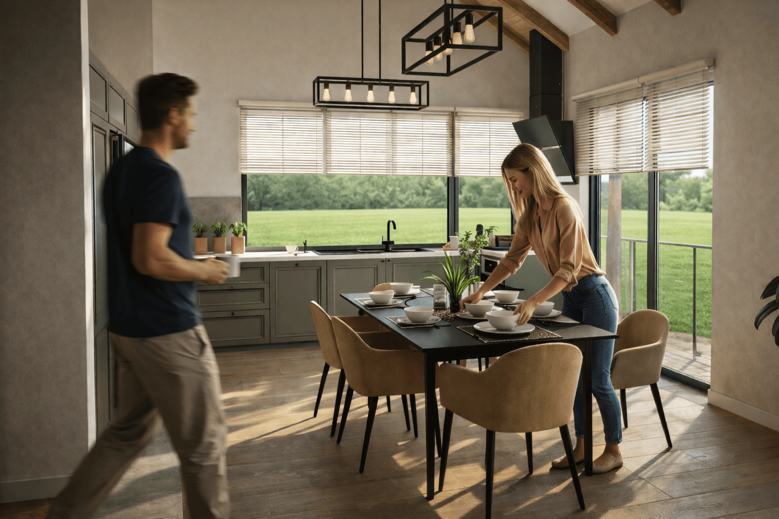 Wnętrze domu jednorodzinnego - jadalnia z aneksem kuchennym - realizacja Nowi Architekci