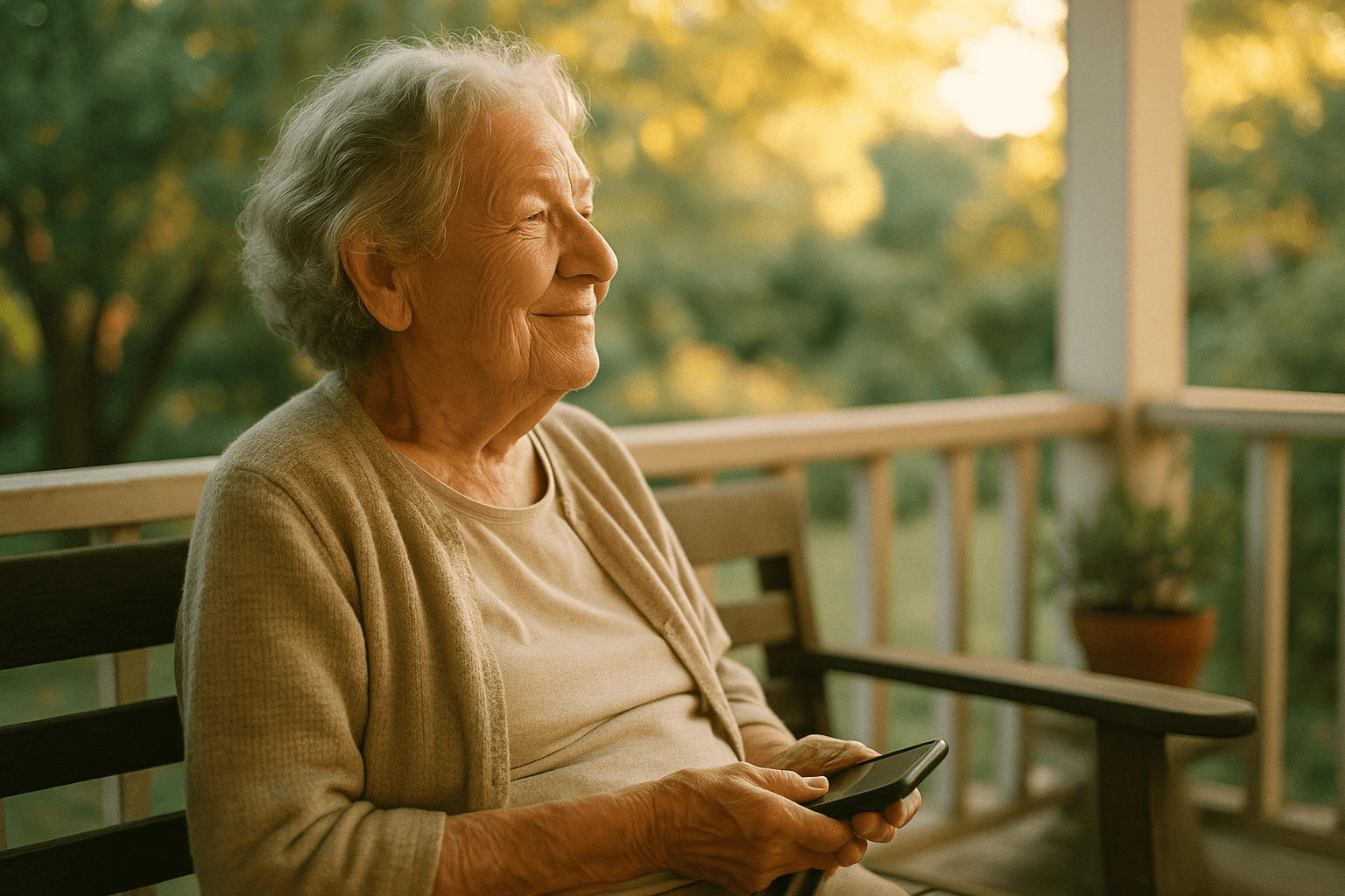 An elderly woman sits on a porch in warm afternoon light, holding a phone in her lap and smiling at the garden.