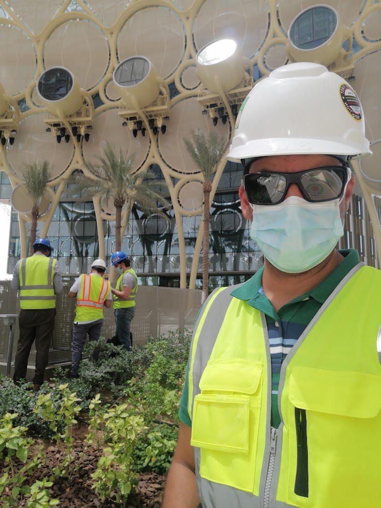 (Image: Faizal on-site at Expo 2020 Dubai during the installation of air quality sensors at Al Wasl Dome.)