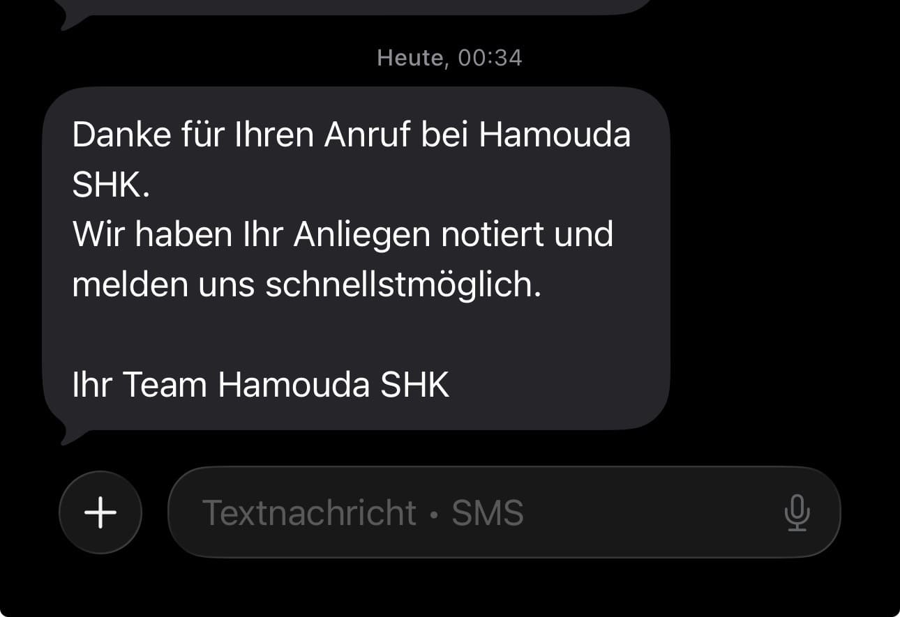 SMS Bestätigung die der Kunde nach Anruf erhält - AloZen AI Telefonassistent bestätigt automatisch Auftragsannahme per SMS