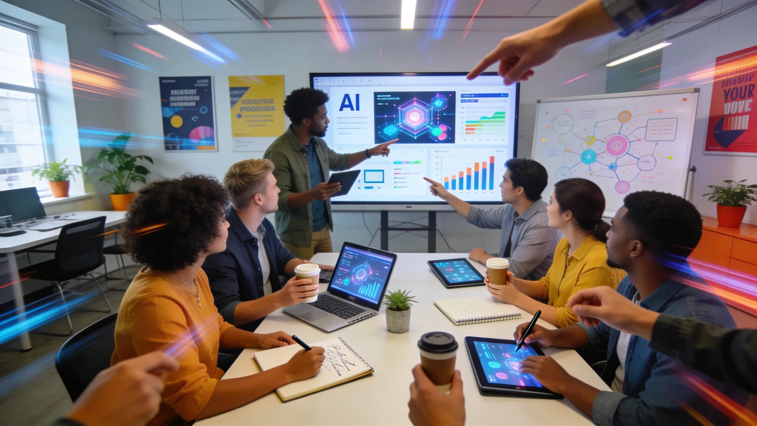 Team collaborating in a modern office on AI-powered creative production techniques for marketing