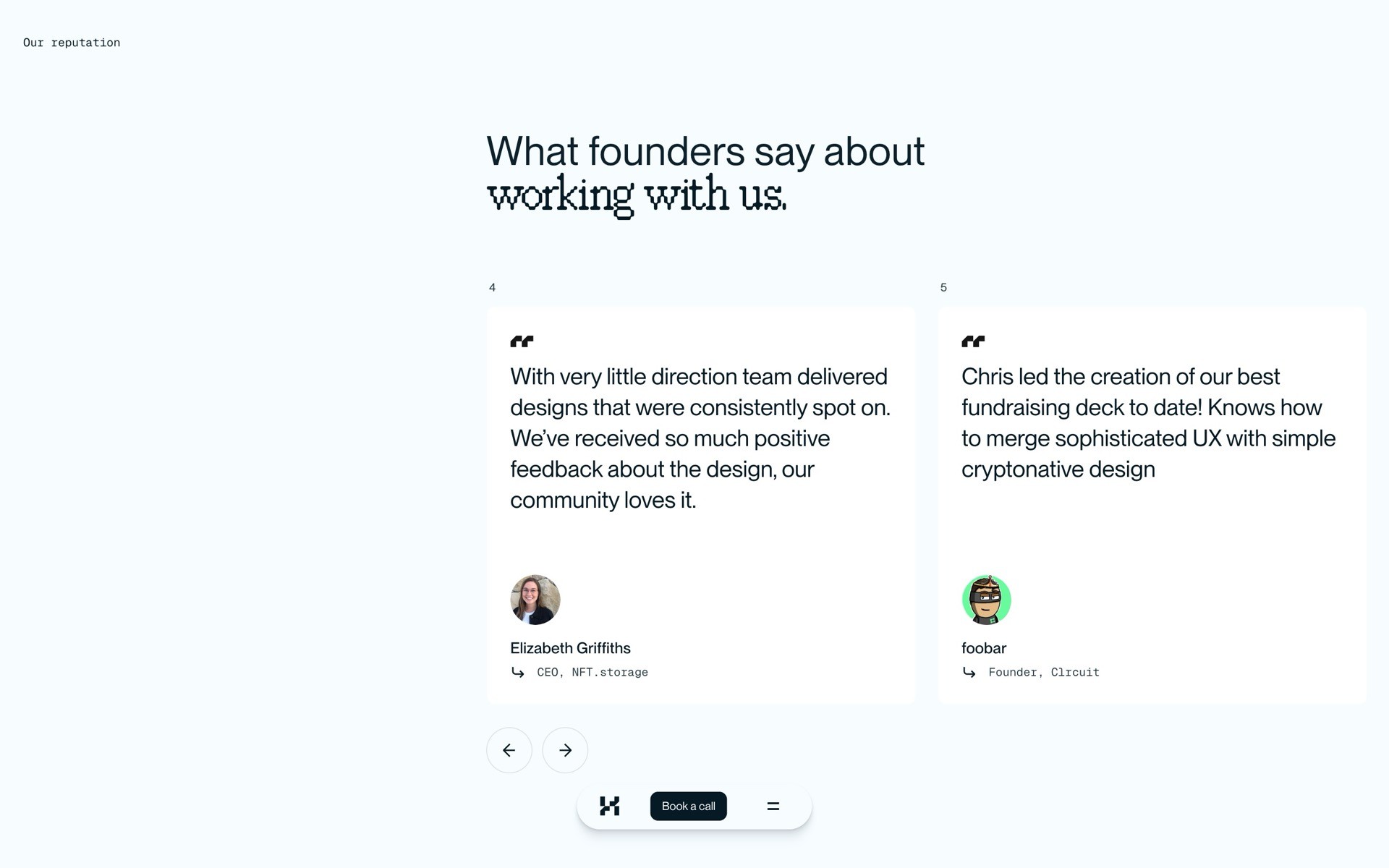 The image displays a clean, minimalist webpage with quotes from professionals, praising design work and UX expertise, featuring a light background and concise text for easy readability.