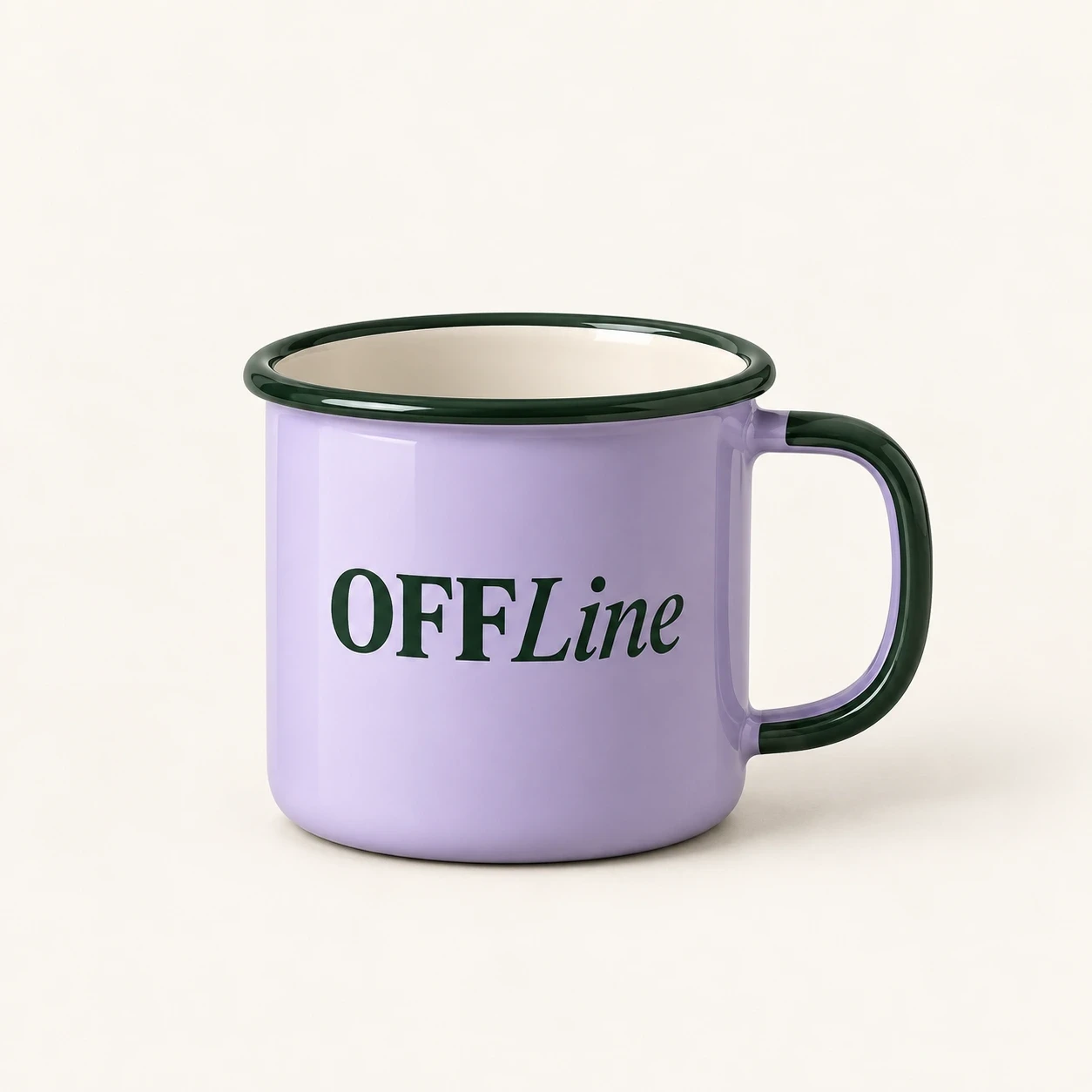 Lilac enamel mug with forest green rim, handle and OFFLine wordmark.