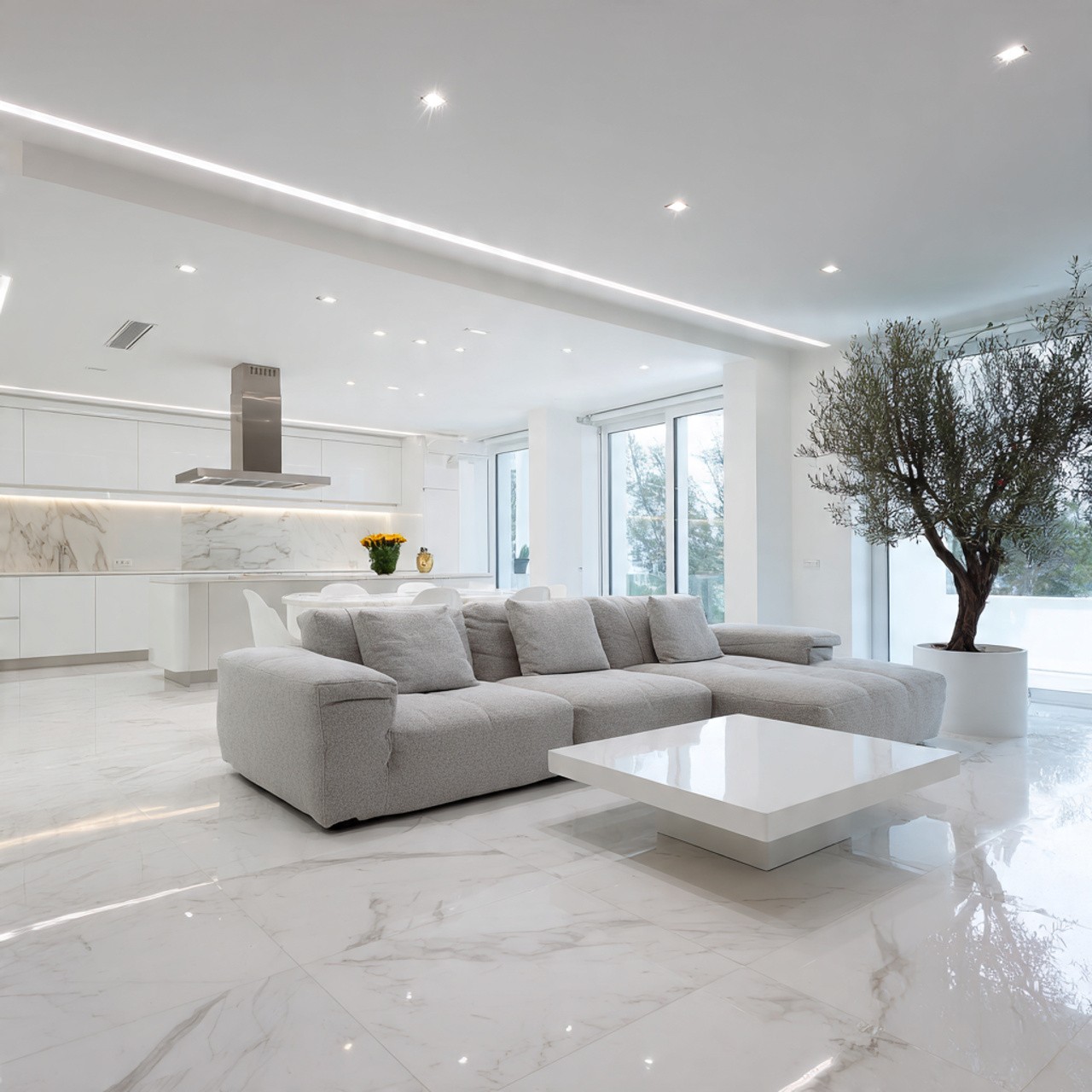 Sophisticated living room with dark wood paneling and a coffered ceiling. Features a white sofa, leather chair, and a large window with city views.