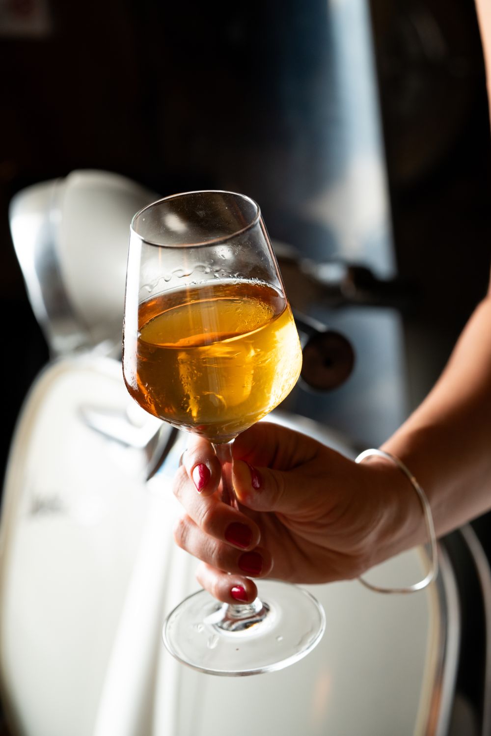 Glass of natural orange wine at Faire. Tapas & Wine, Eixample Barcelona