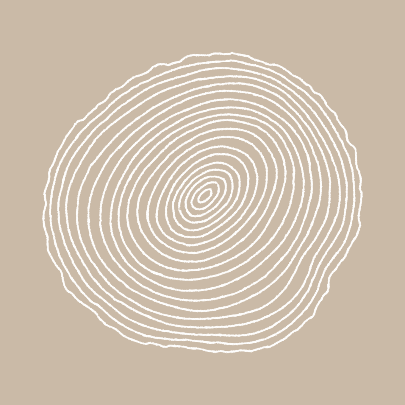 A hand-rendered line drawing of white concentric tree rings against a pale brown background.