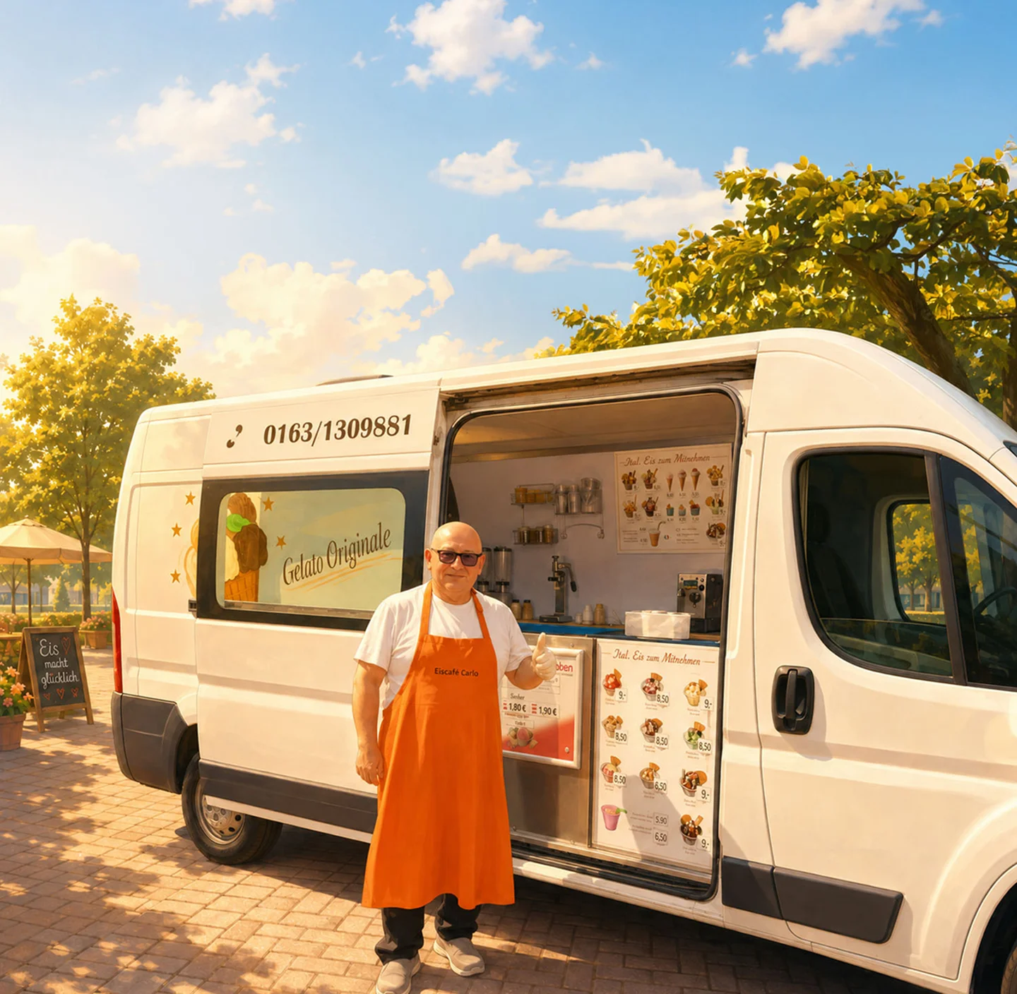 Eismobil von Eis Carlo mit Eisverkäufer vor dem Verkaufswagen