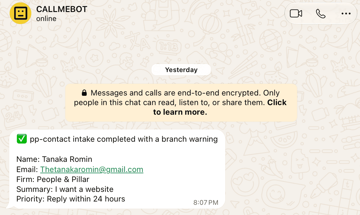 WhatsApp alert showing a new website enquiry with lead details and the recommended next action.