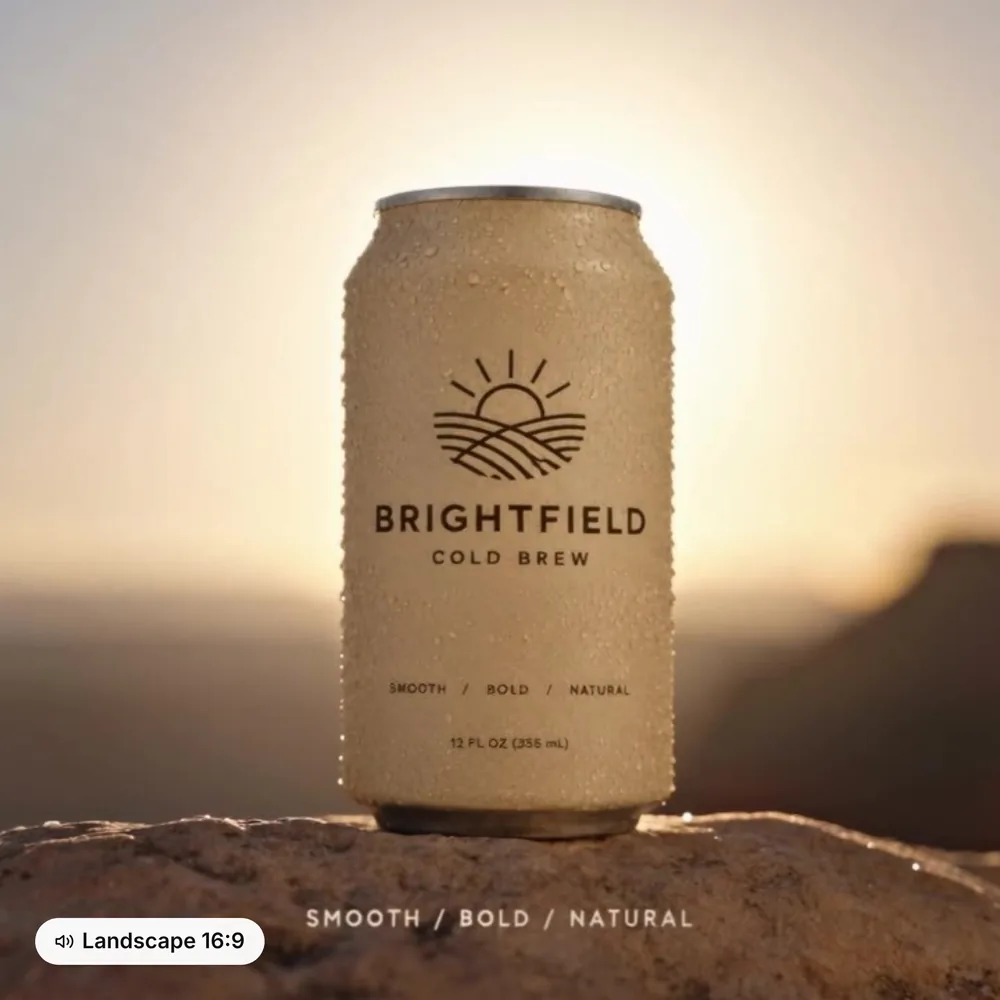 Brightfield Cold Brew demo can on a rock at sunset, a frame from a 16:9 landscape video made with Kreator