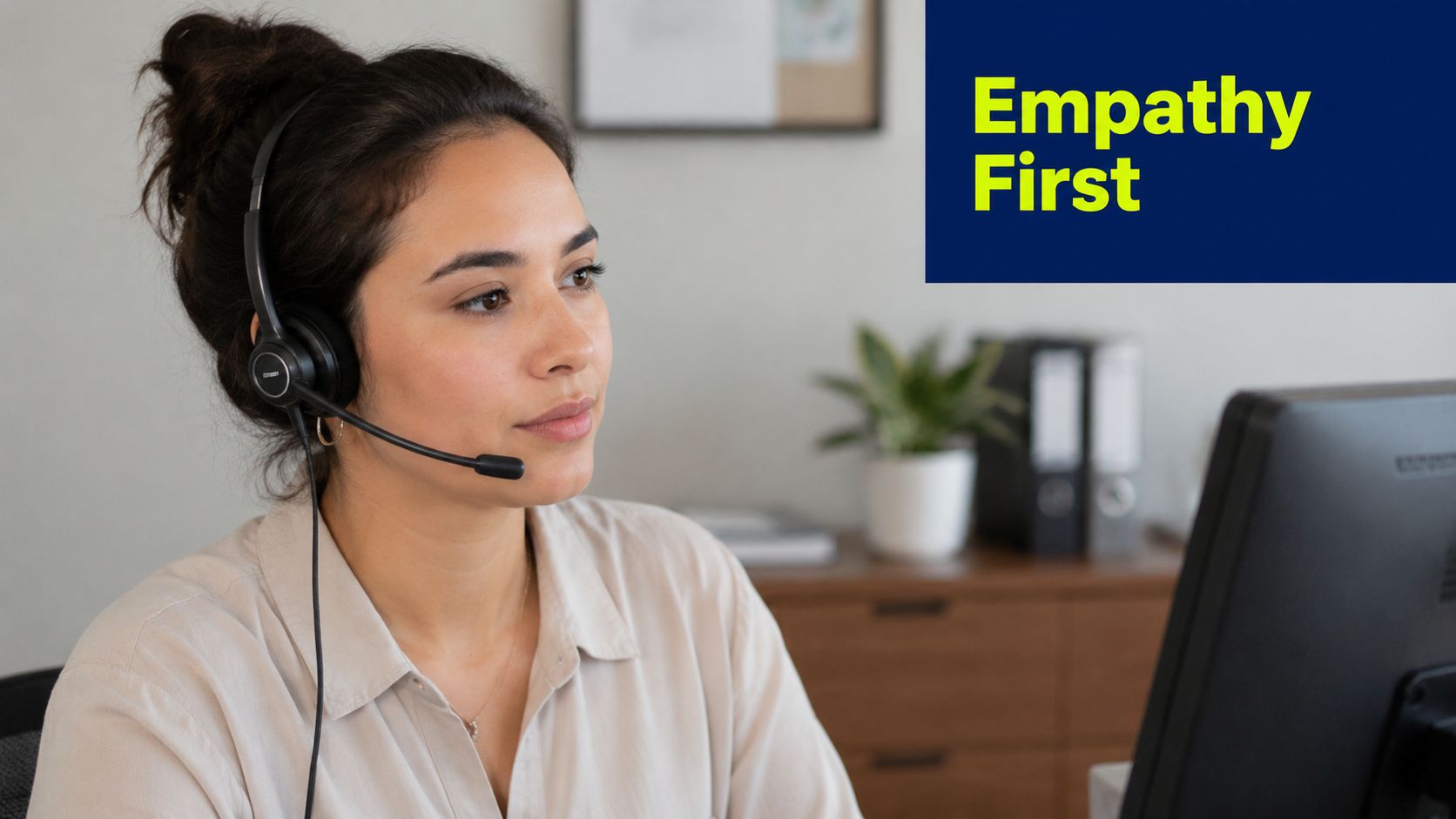 A professional customer service representative wearing a headset, working at her computer in an office.