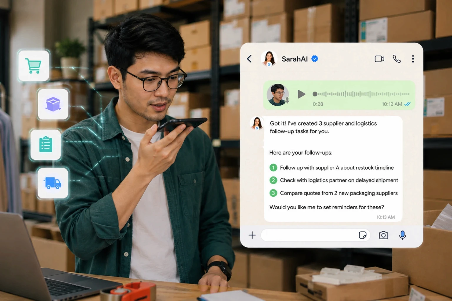 E-commerce seller creating supplier follow-up tasks from a WhatsApp voice note with SarahAI